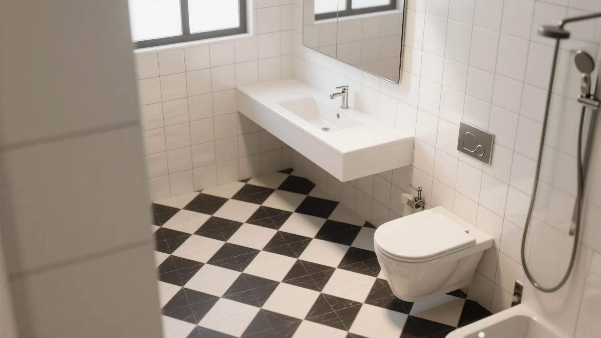 Checkerboard floor with quiet walls