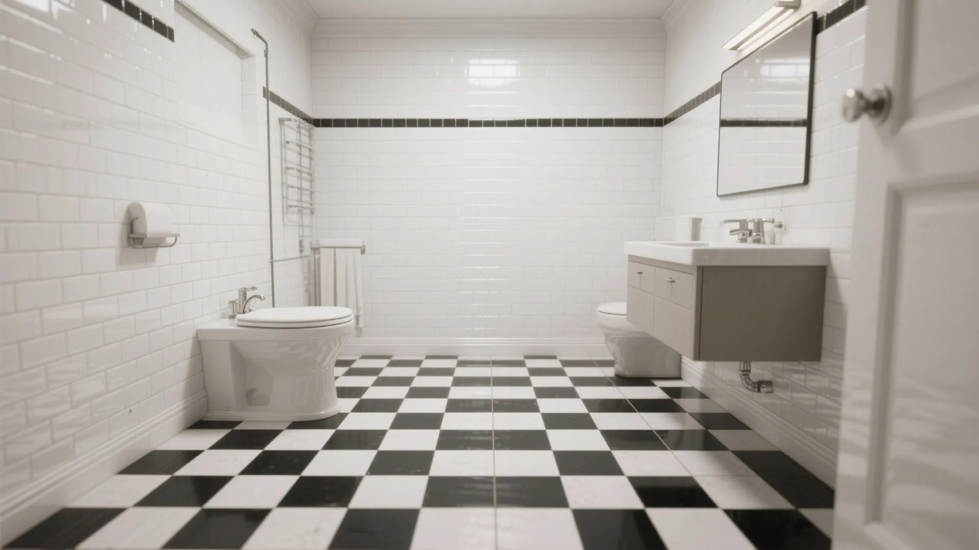 Small bathroom with black-and-white checkerboard matte floor and white subway tile walls.
