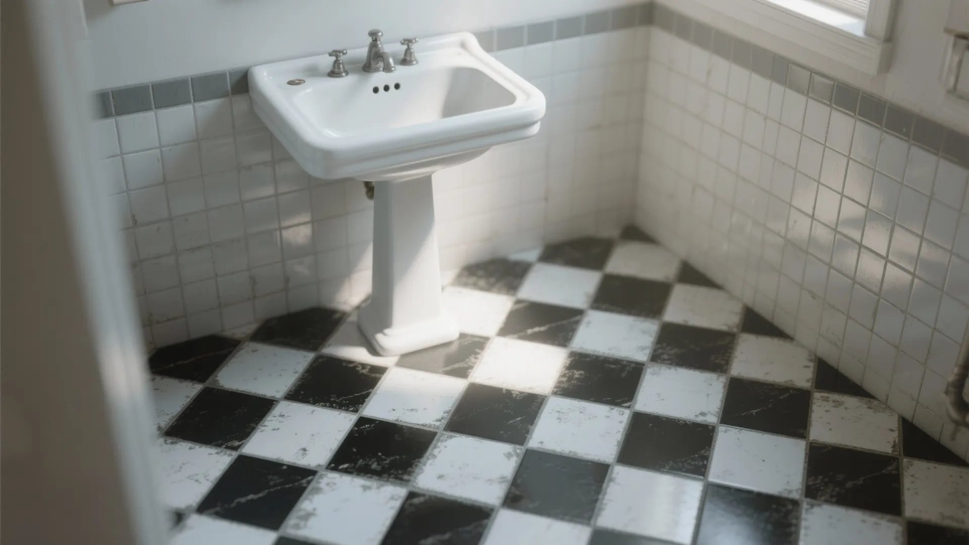 Classic white pedestal sink in a bathroom with black and white checkerboard floor tile design