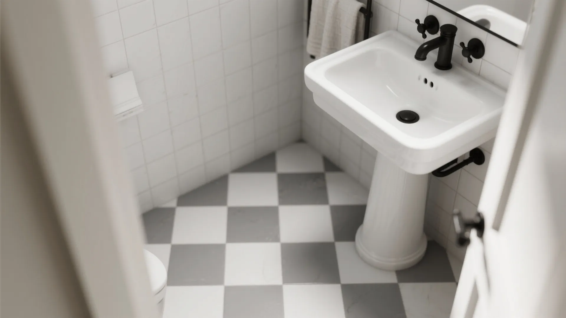 Small bathroom view showing white pedestal sink black faucet and grey checkered floor tile pattern design