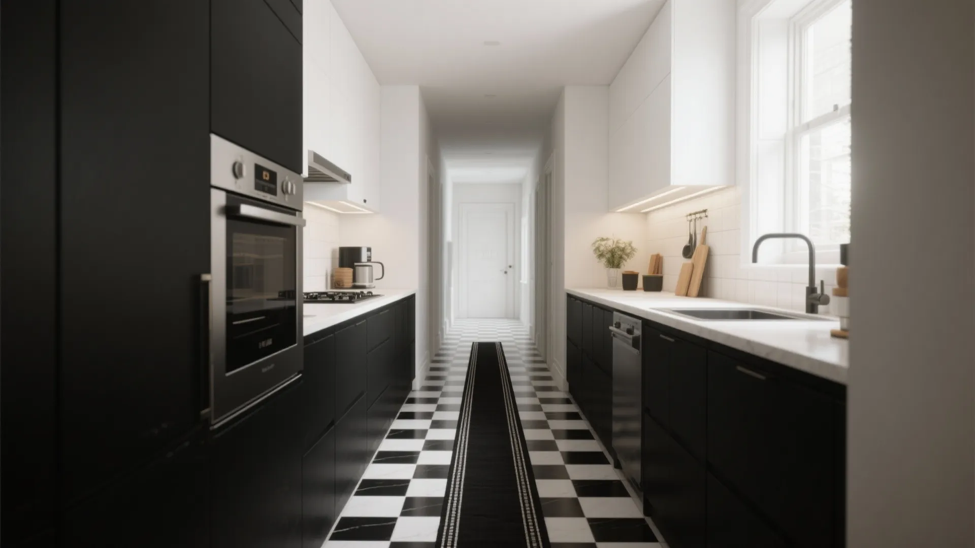 Galley kitchen with black and white checkered floor black cabinets white countertops and long black rug