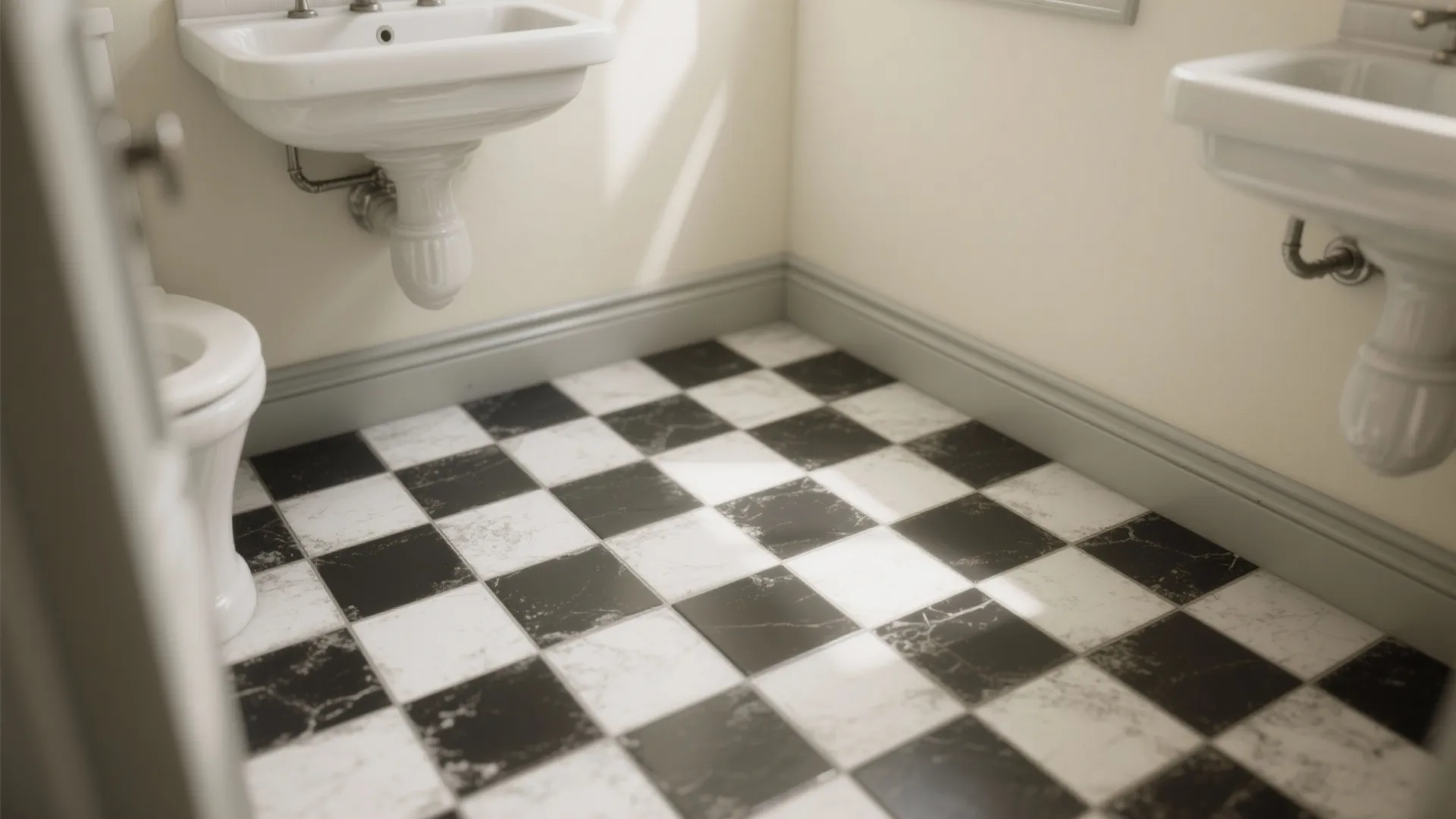 Classic black-and-white checkerboard mosaic floor in a small bathroom with mid-gray grout.