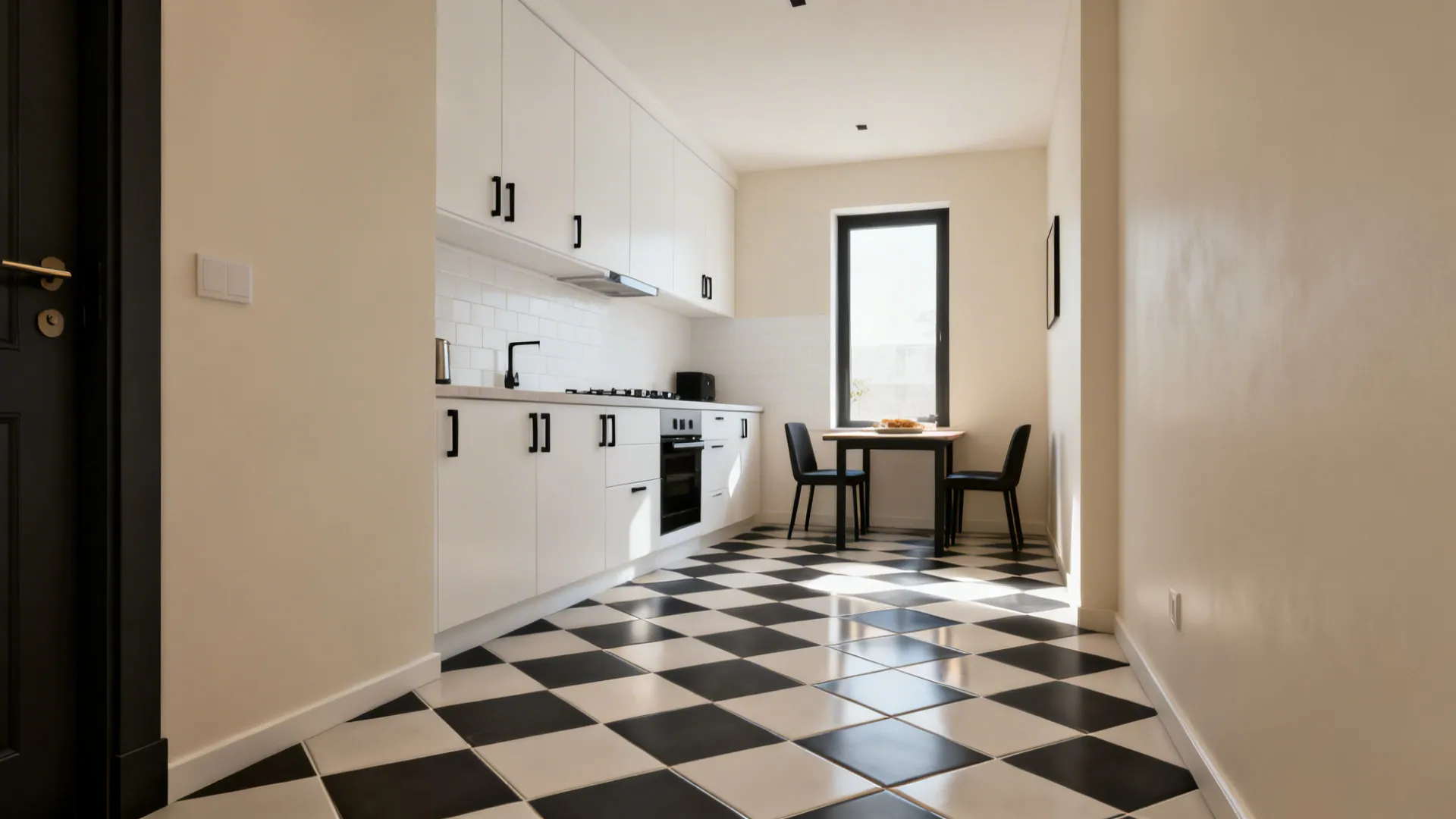 Diagonal checkerboard porcelain kitchen floor in warm off-white and charcoal with soft edges
