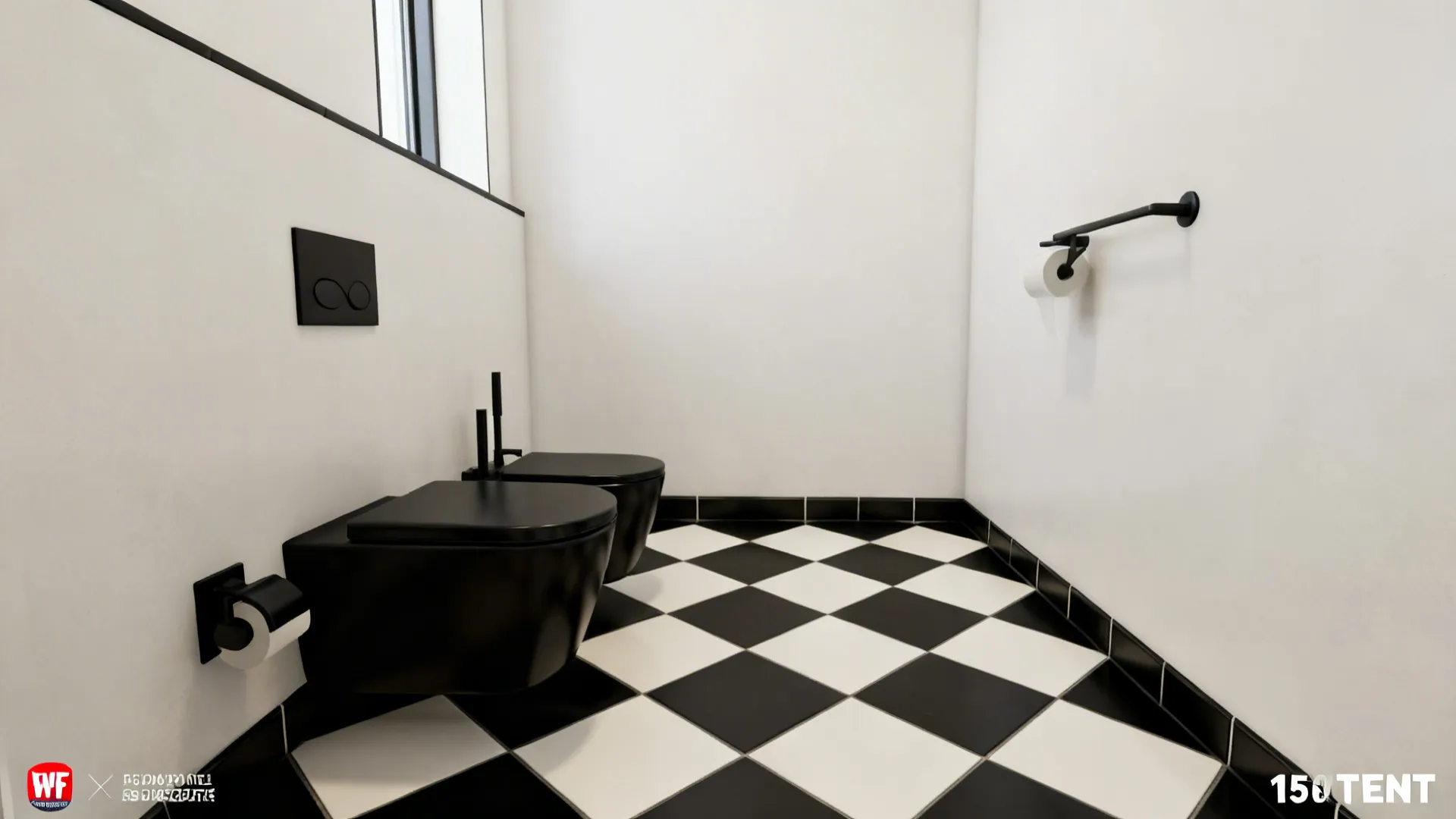 Small bathroom with 150mm black-and-white checkerboard floor and minimalist black fixtures.
