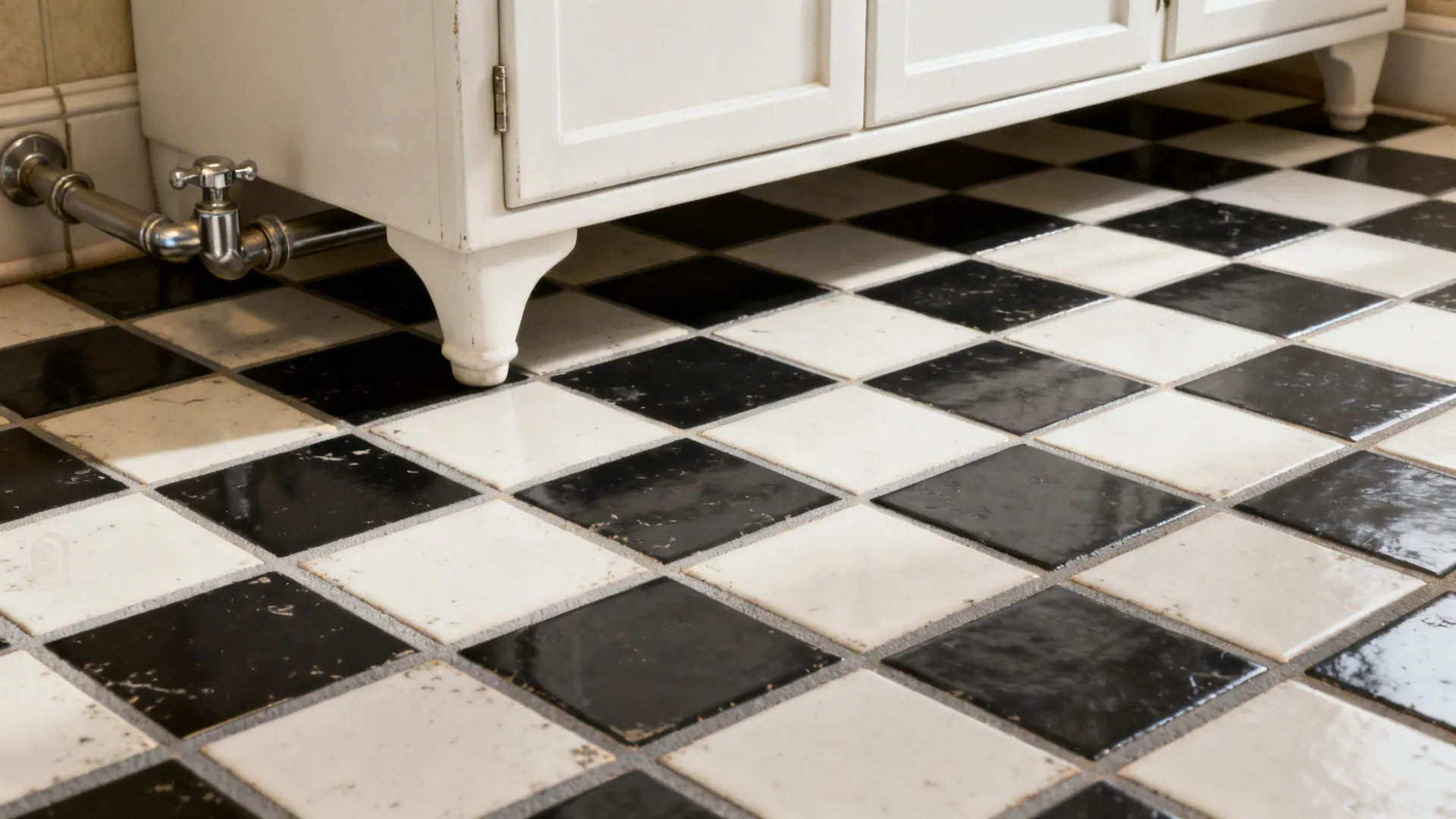Checkerboard black-and-white 100mm floor with mid-gray grout in a small bathroom.
