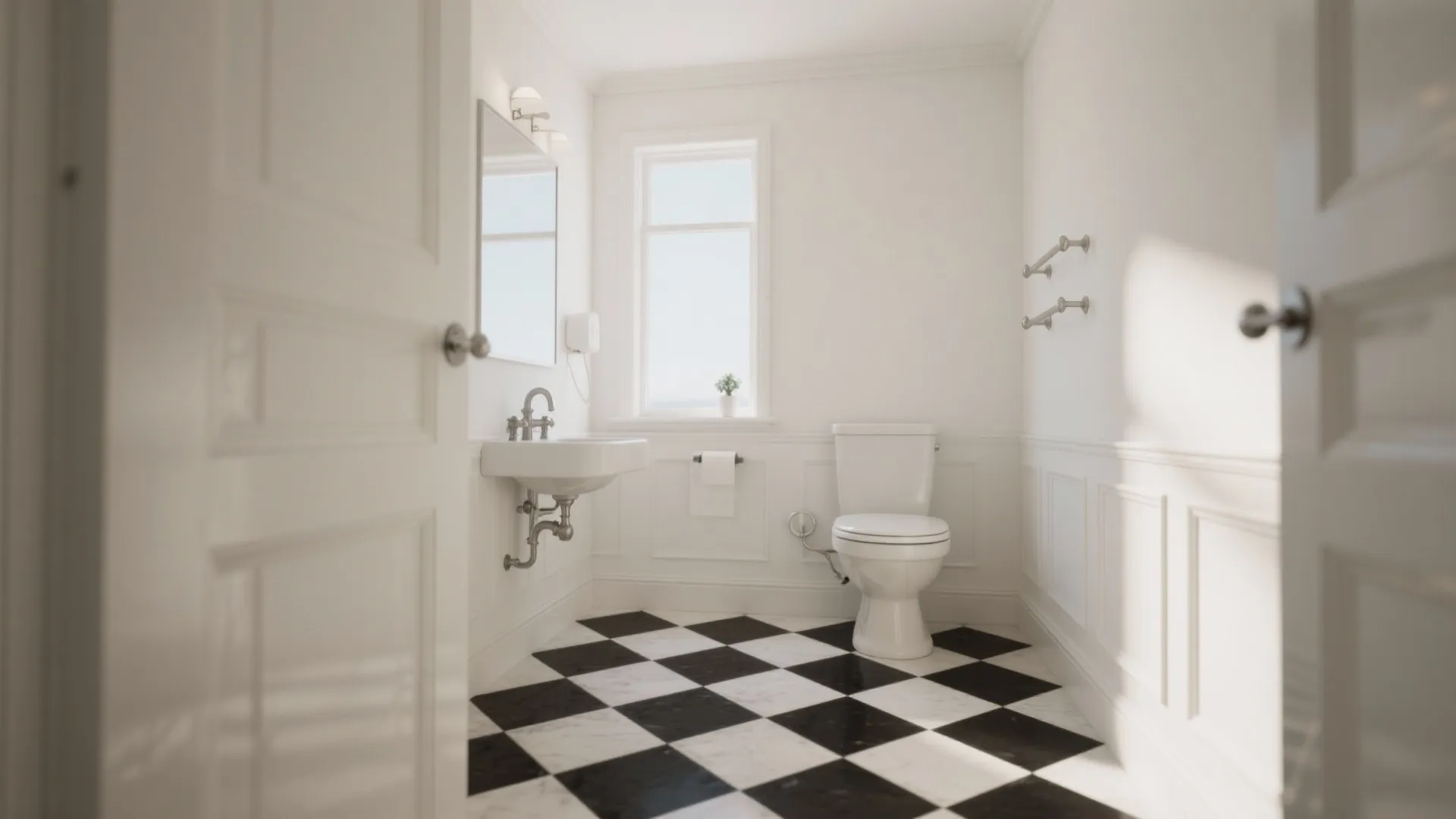 Small bathroom with classic black and white checkerboard tile floor