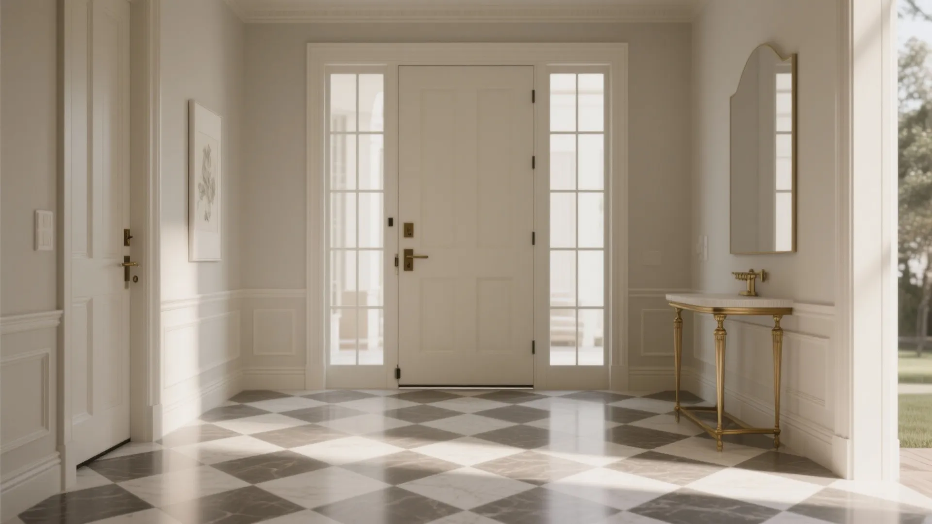 Bright hallway with white front door wall panel gold table mirror and check pattern floor