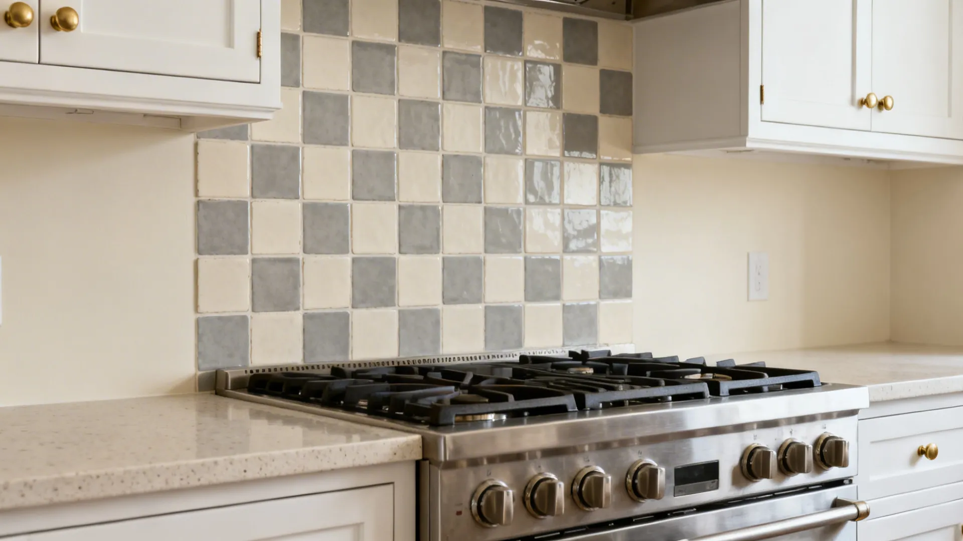 Ivory and fog gray ceramic checkerboard backsplash behind a range in a small kitchen.