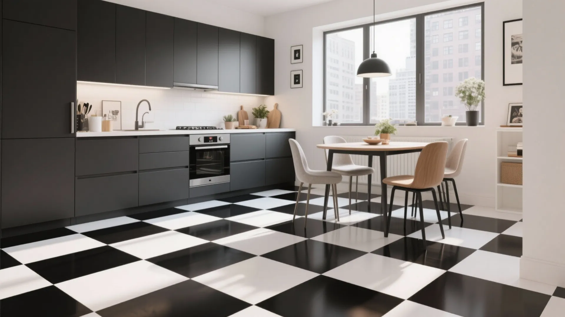 Modern black kitchen with dining table wood chairs and bold black white checkered tile floor