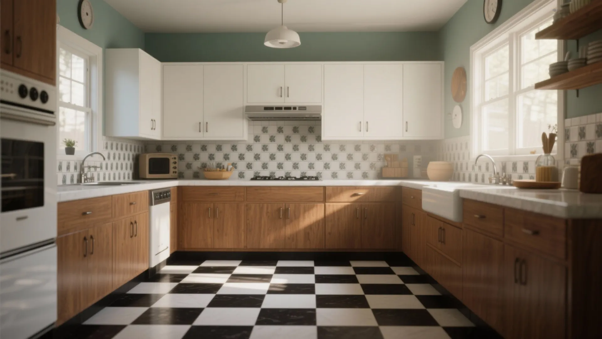 Vintage kitchen with white upper cabinets wooden lower cabinets patterned tiles and black white checkered floor