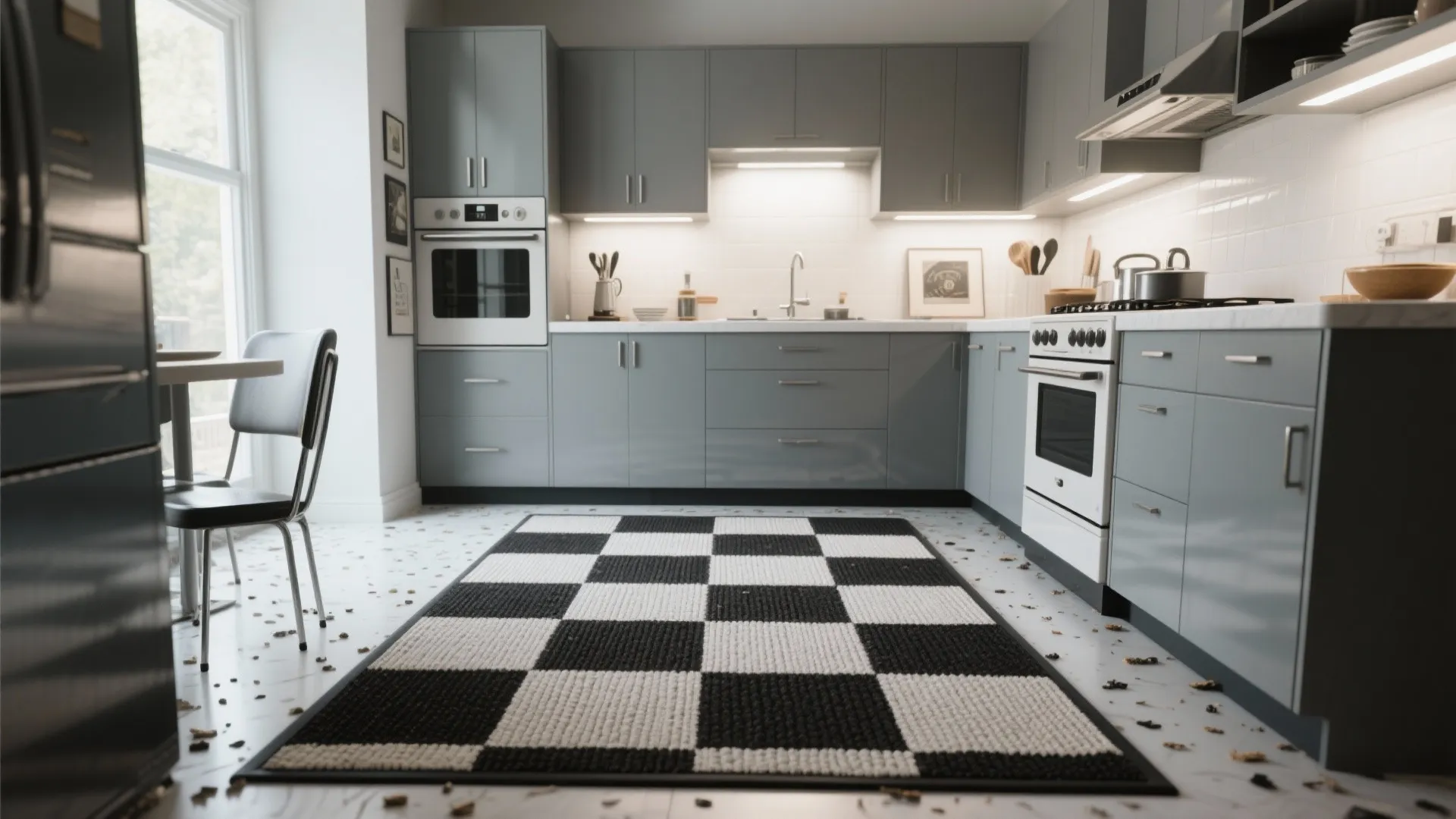 Modern grey kitchen with white appliances and a large black and white checkerboard floor rug