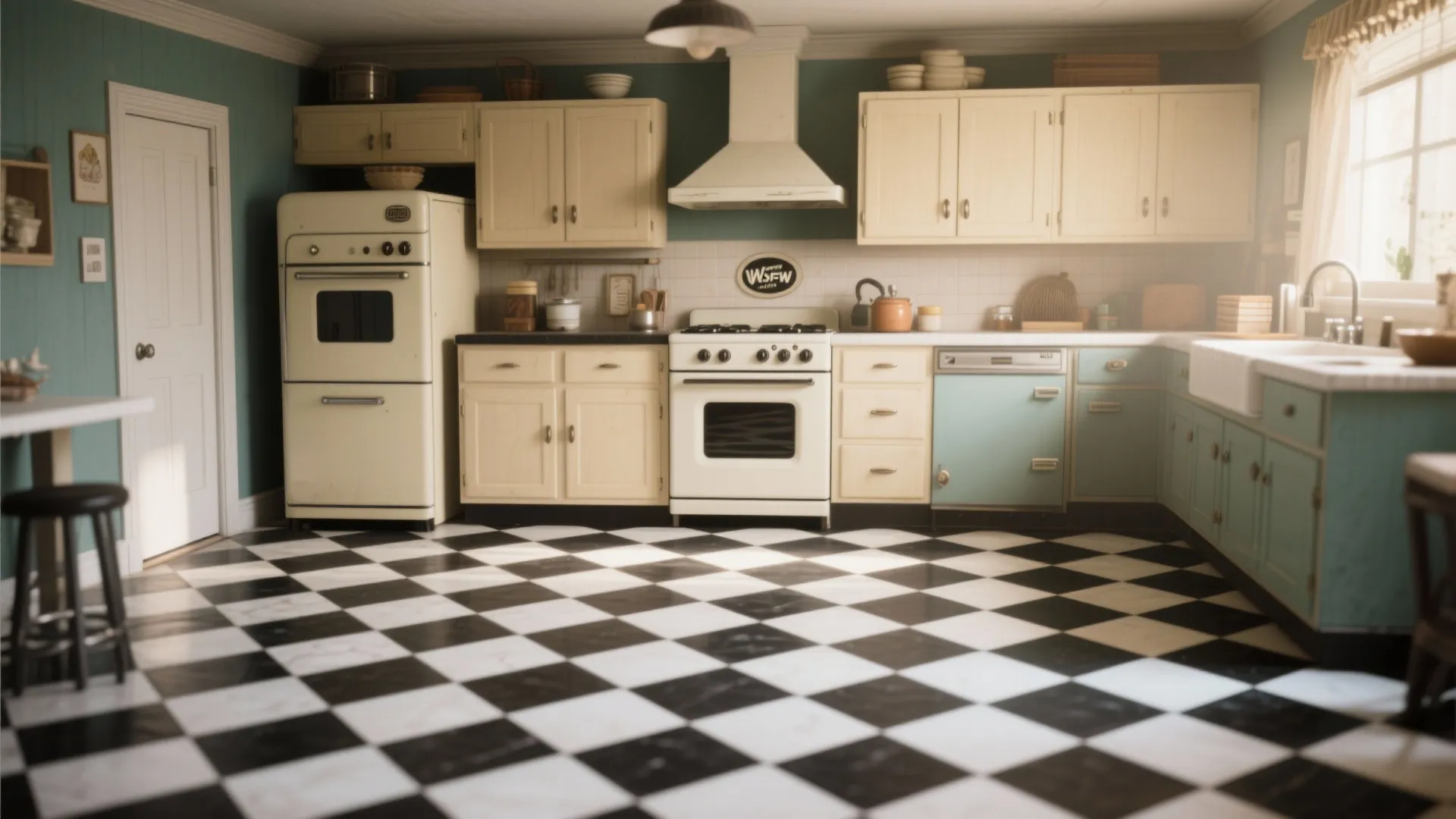 Vintage kitchen design featuring black and white checkerboard floor tiles with cream cabinet and appliances