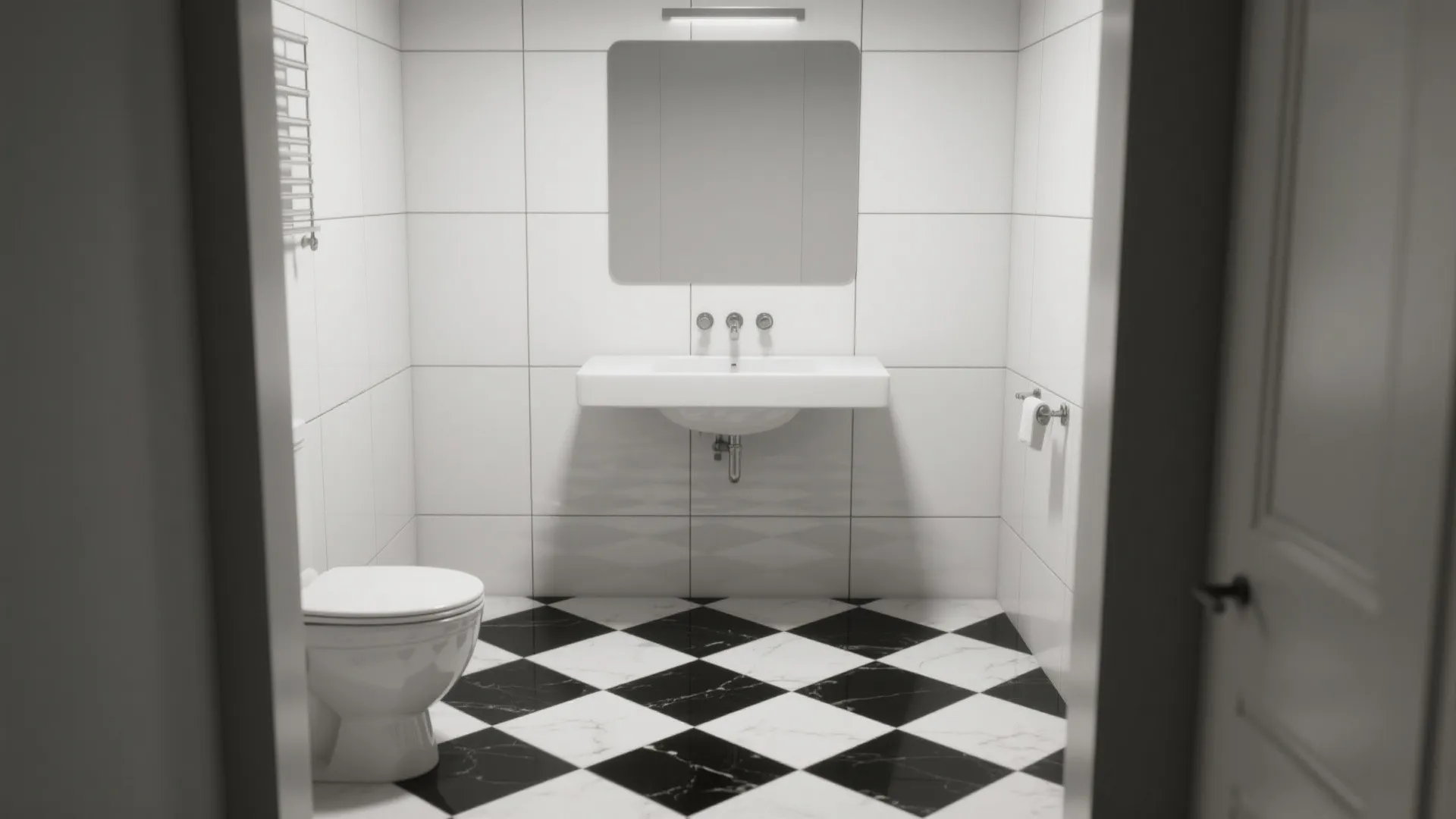 1. Checkerboard floor with large-format white walls