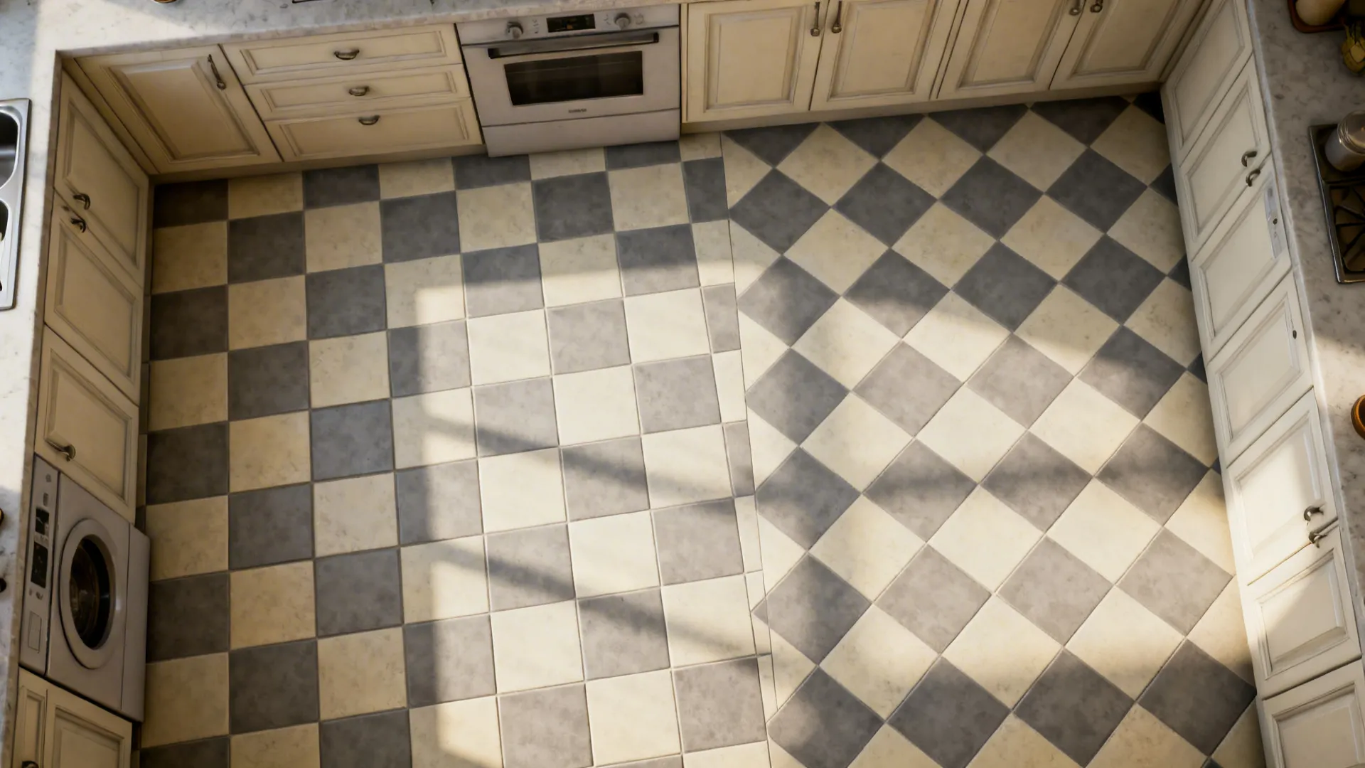 Kitchen room layout with black and white floor tiles showing two different patterns with cream cabinets