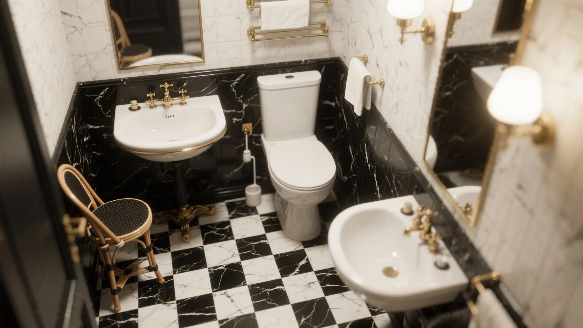 Vintage bathroom design with black and white checkered floor tiles gold hardware and marble wall panels