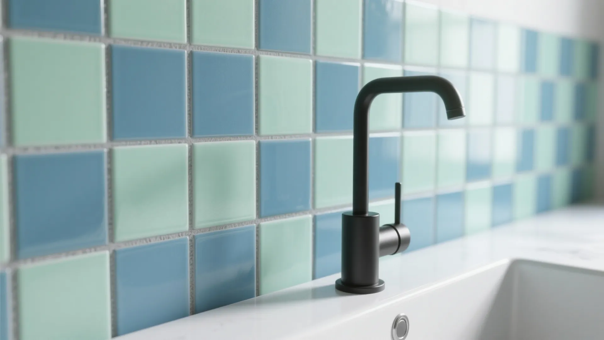 Close-up of muted blue and soft green matte subway tiles in a checkerboard pattern behind a sink.