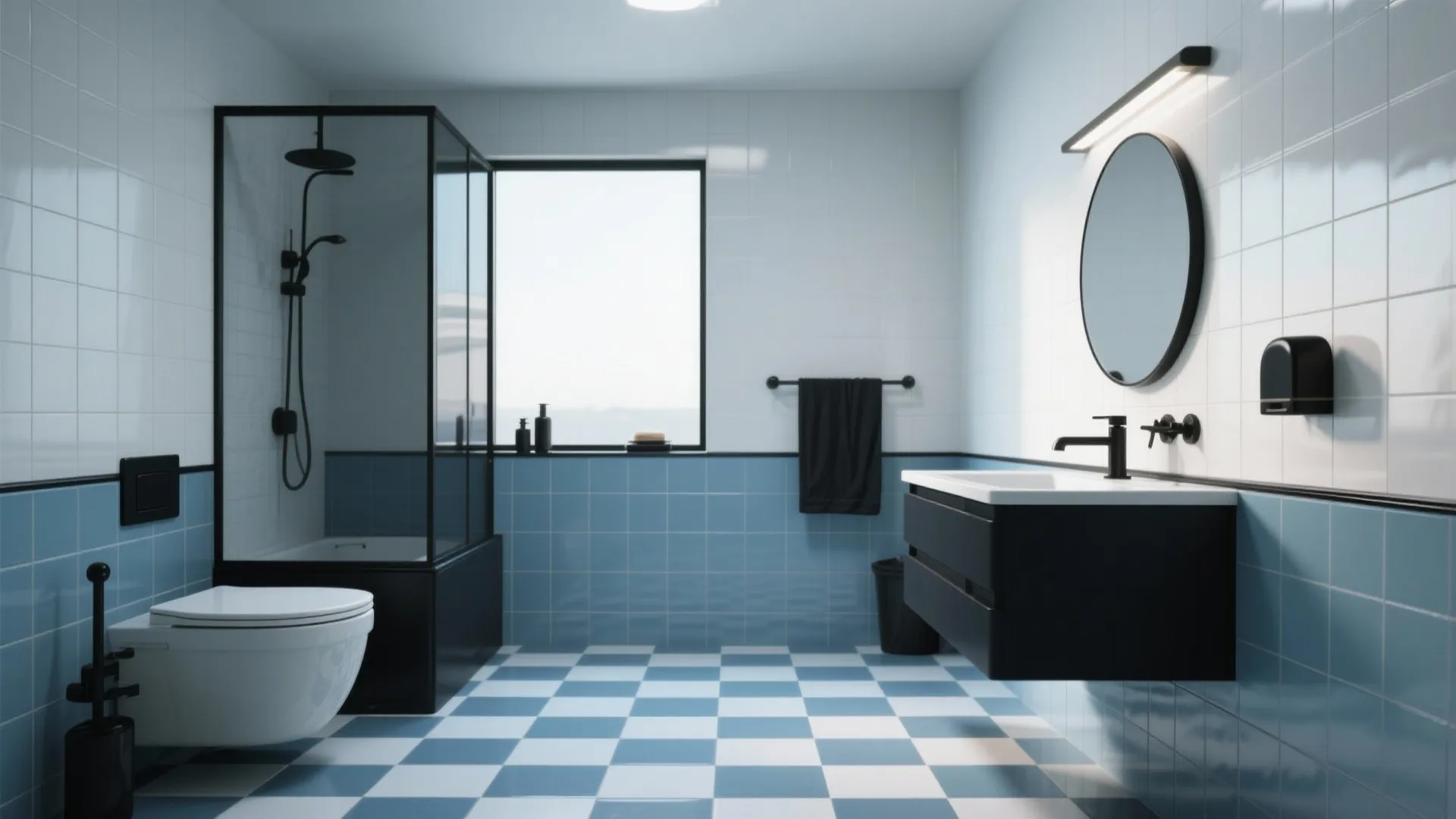 Modern bathroom with blue and white checkerboard floor black vanity round mirror and glass shower