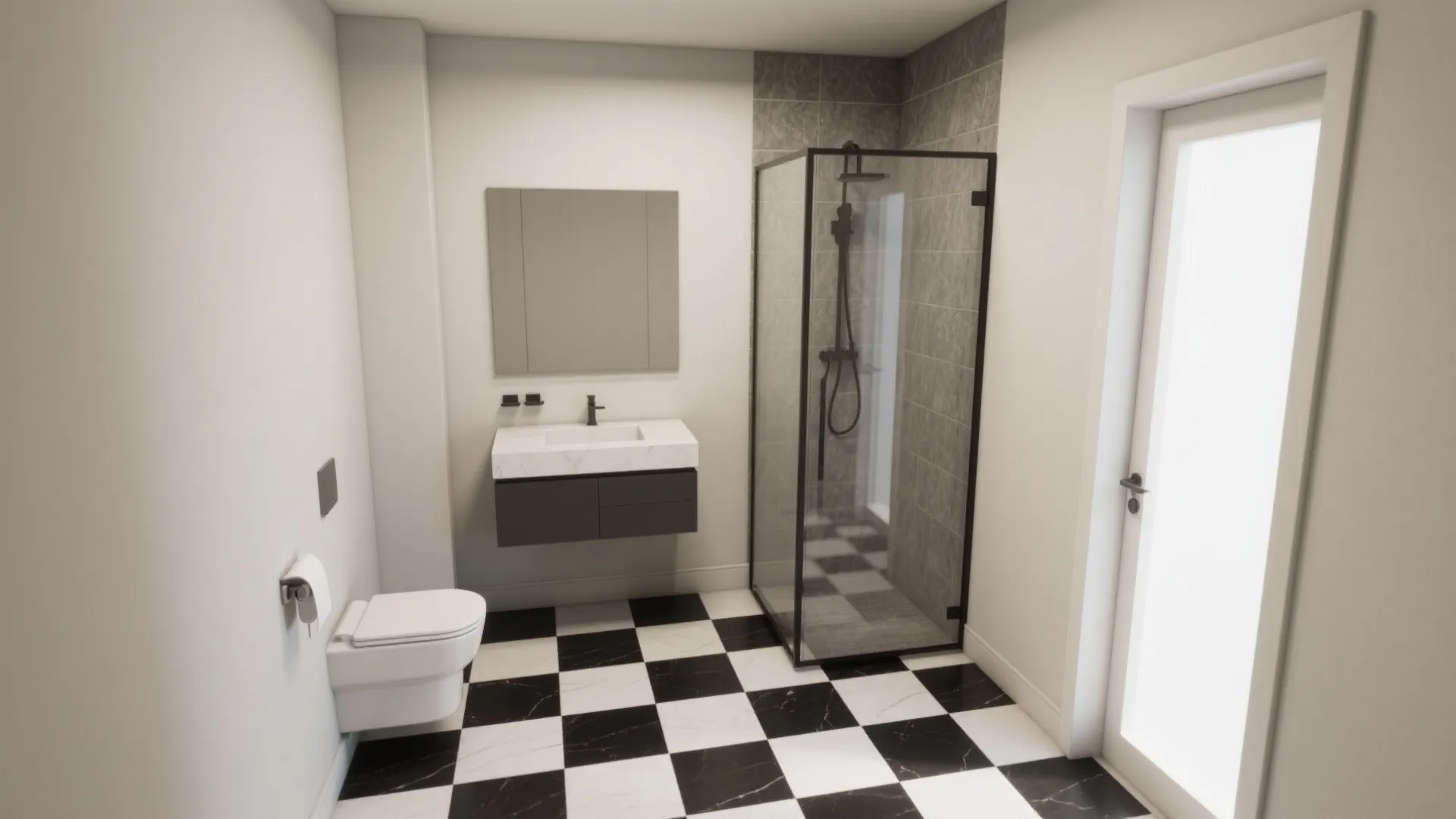 1. Classic Checkerboard with Modern Fixtures