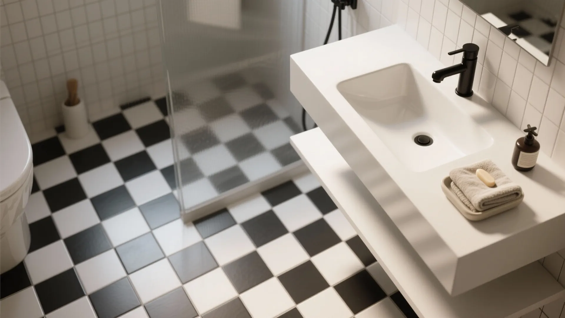 1. Classic Checkerboard with Modern Fixtures