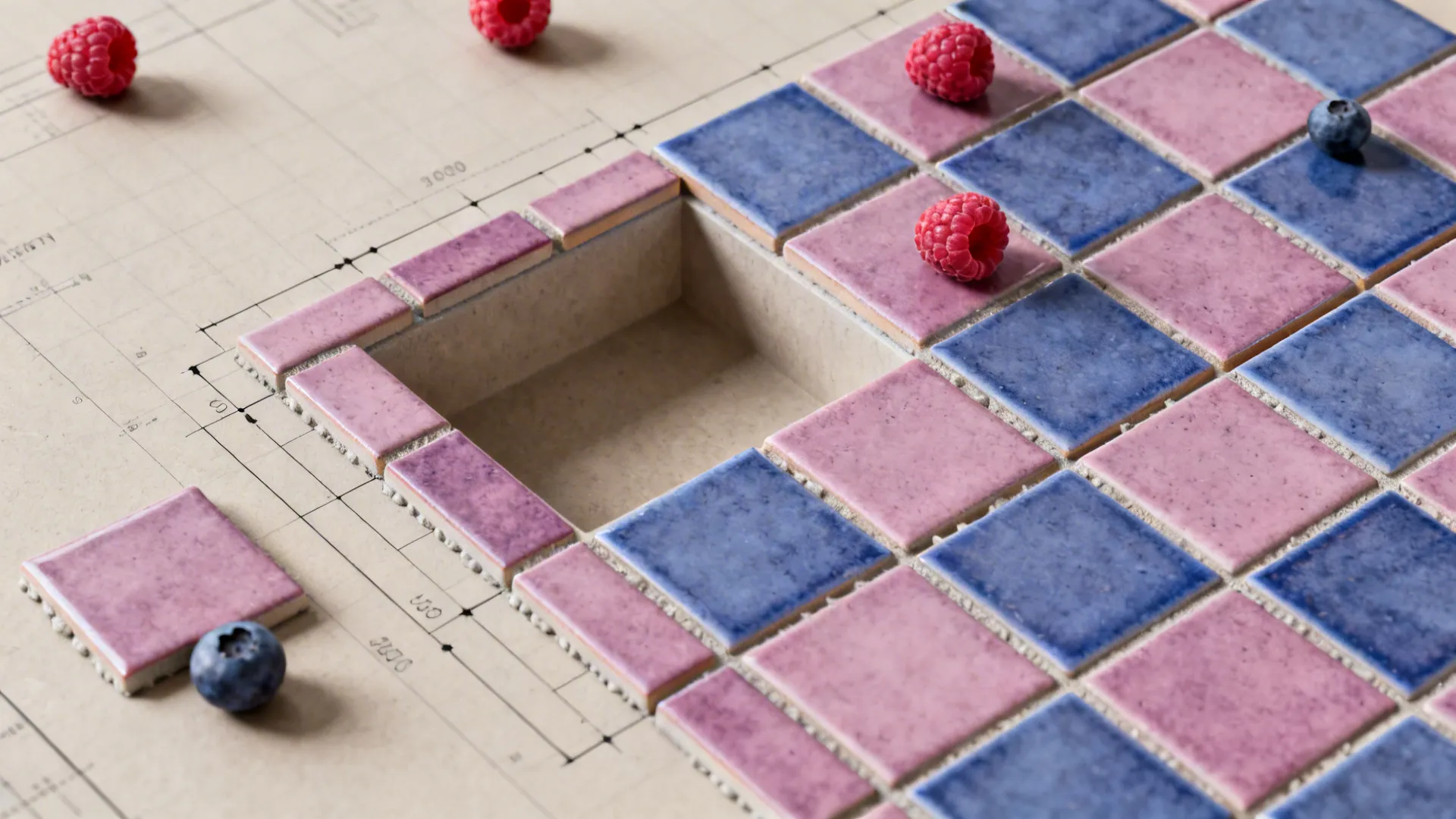 Top-down plan of berry-tone checkerboard tiles with precise grid alignment.