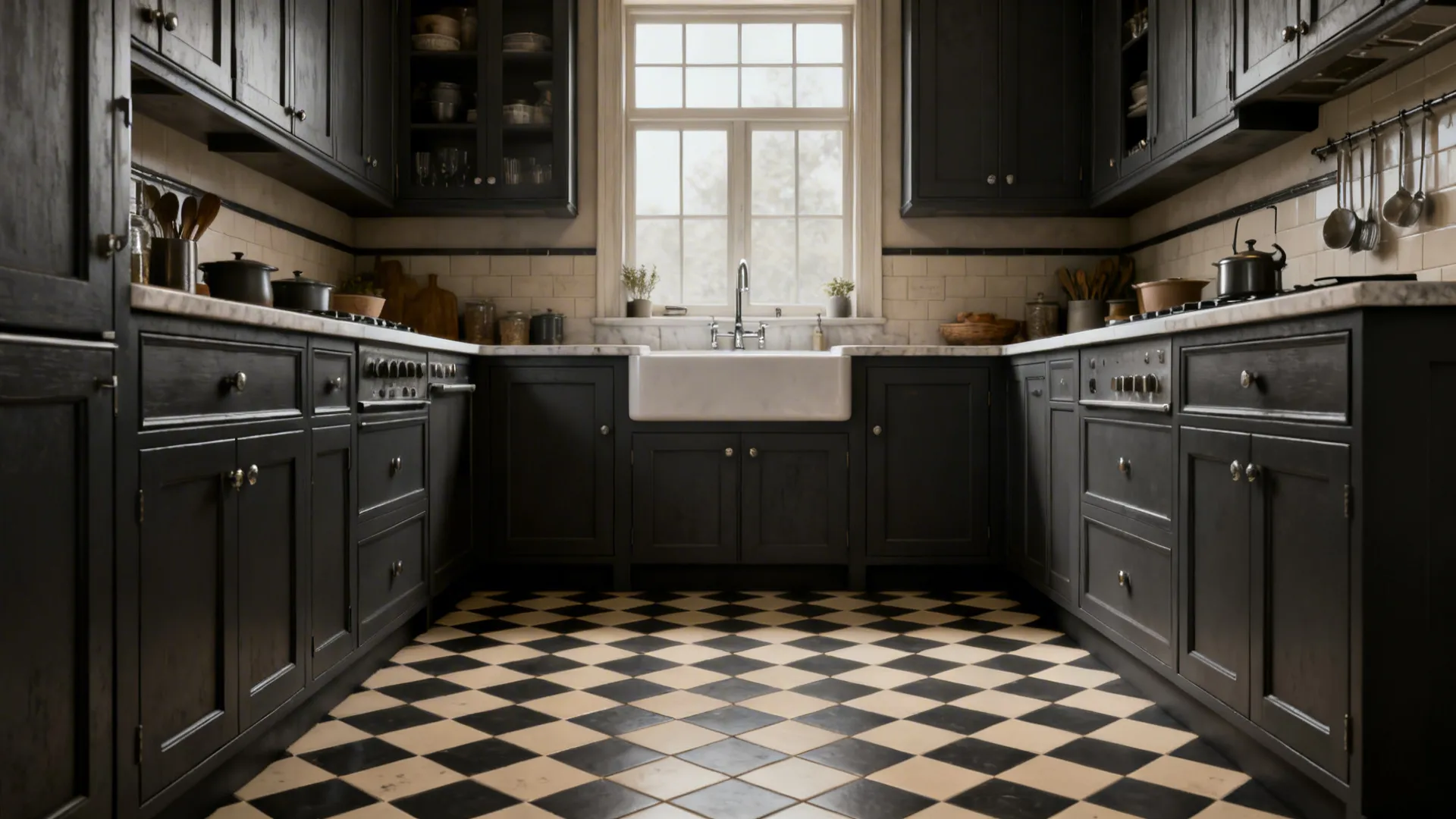 Kitchen with charcoal and putty porcelain checkerboard tiles aligned to sightlines.