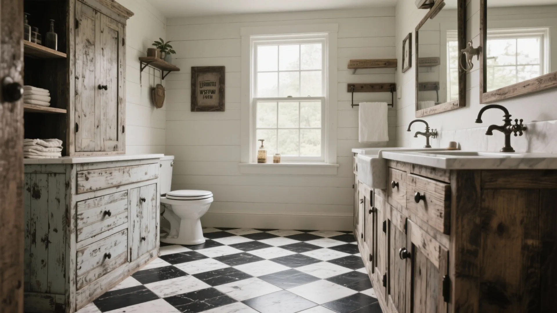 Rustic bathroom with black and white checkered floor tiles wooden cabinets white walls and natural light