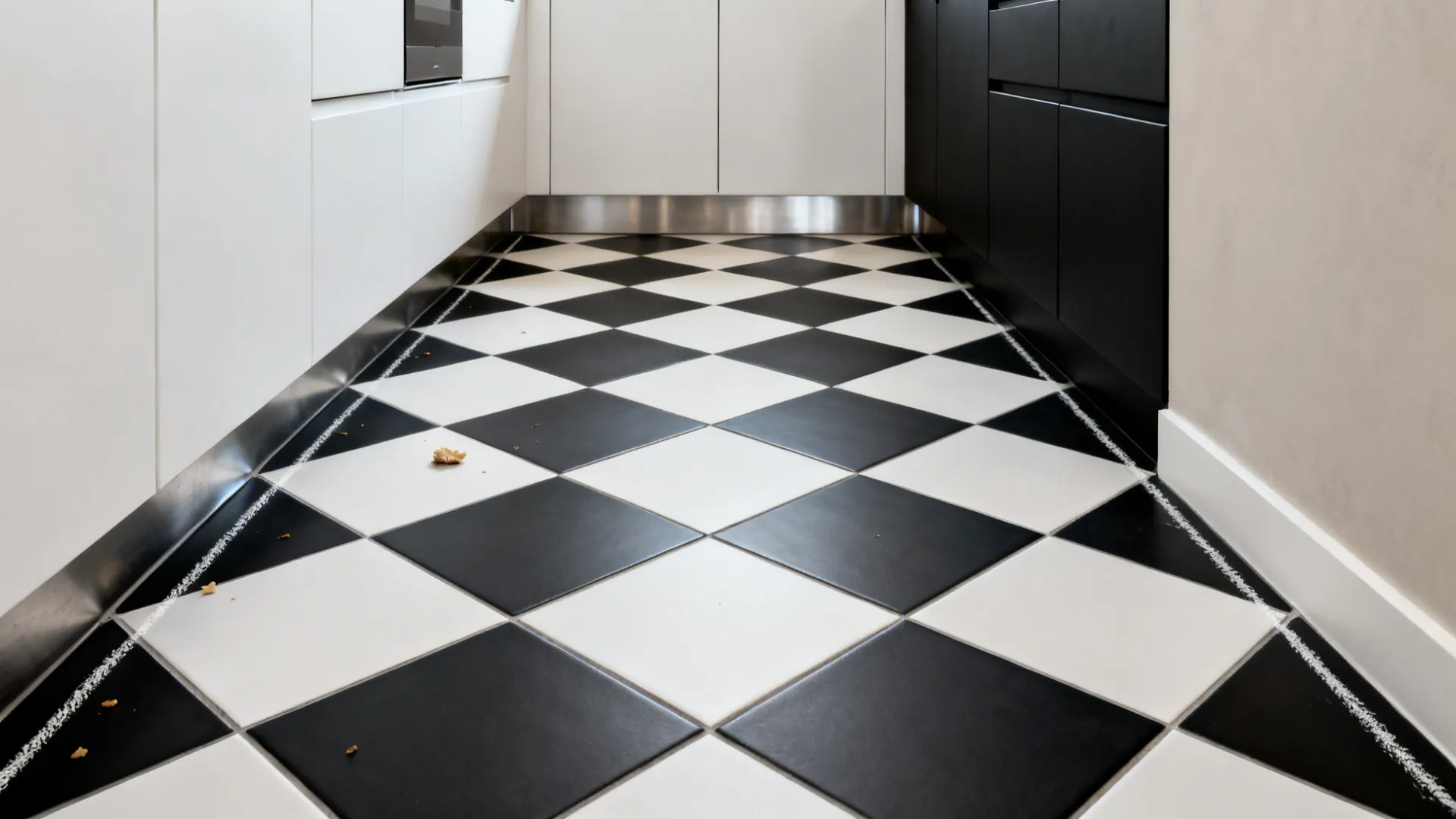 Diagonal black-and-white checkerboard porcelain floor with tight grout in a narrow kitchen.