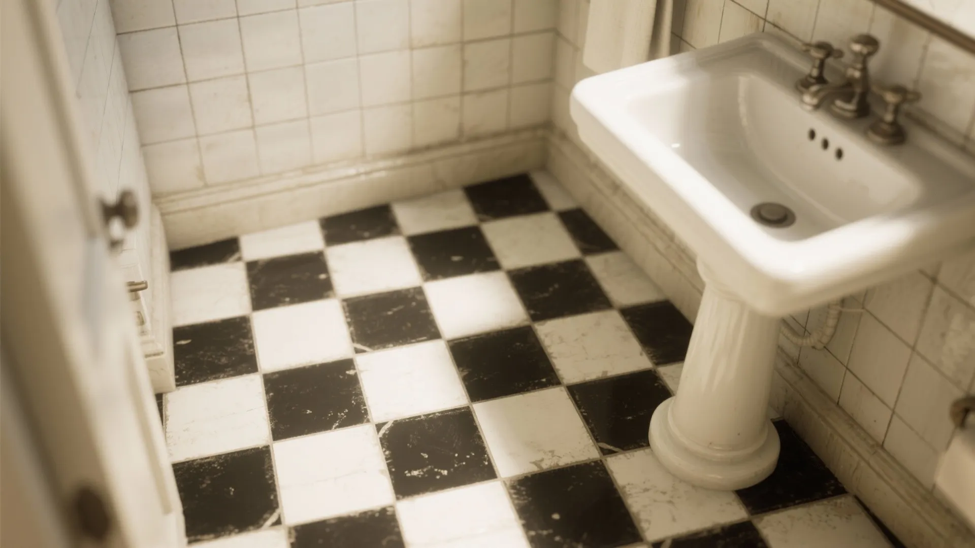 Close view of 4–6 inch black-and-white checkerboard floor in a small bathroom with a white sink.