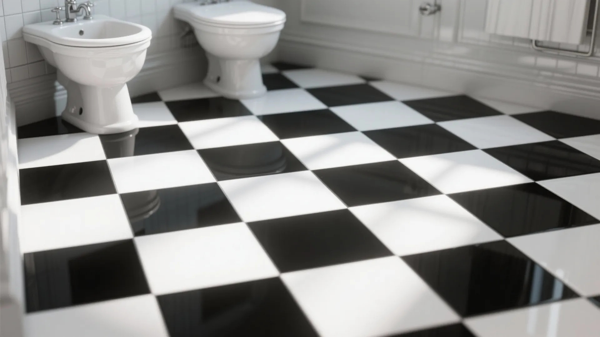 Bathroom floor with black and white checkerboard painted tiles
