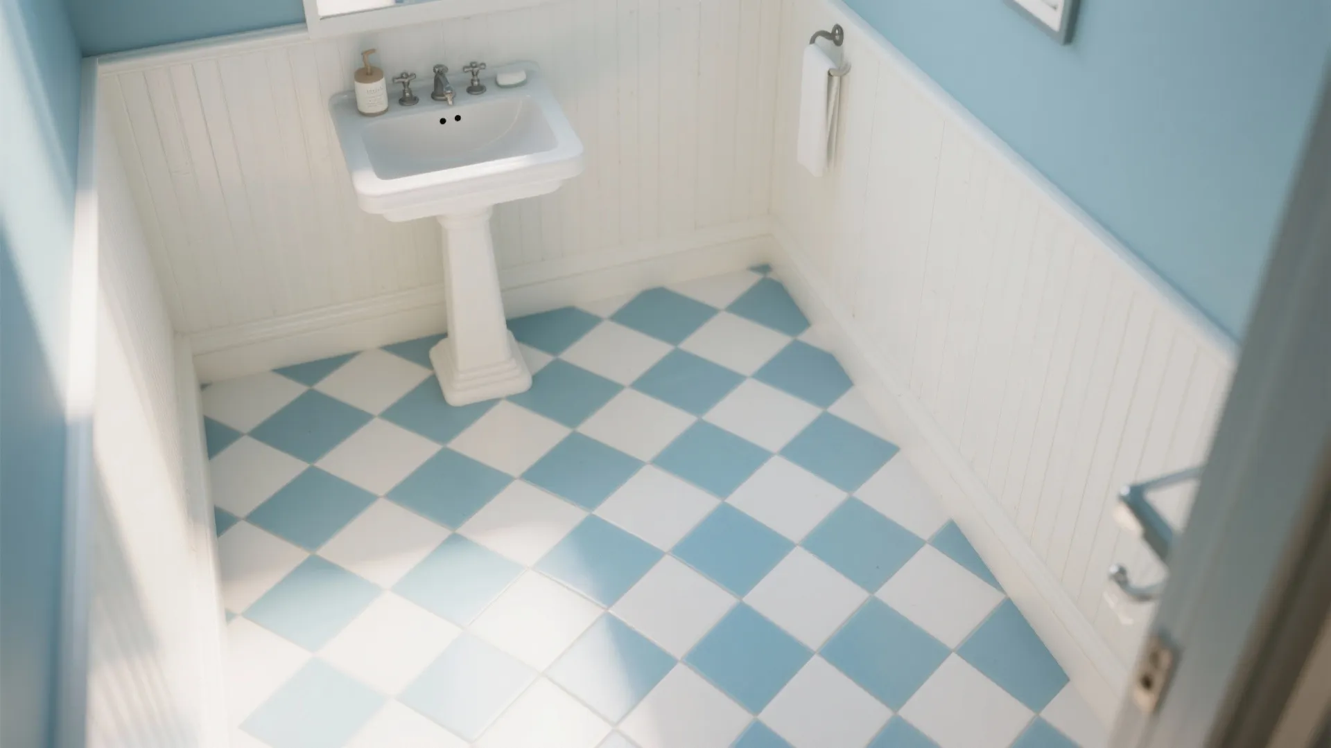 Blue-and-White Checkerboard Floor with Wainscot Trim