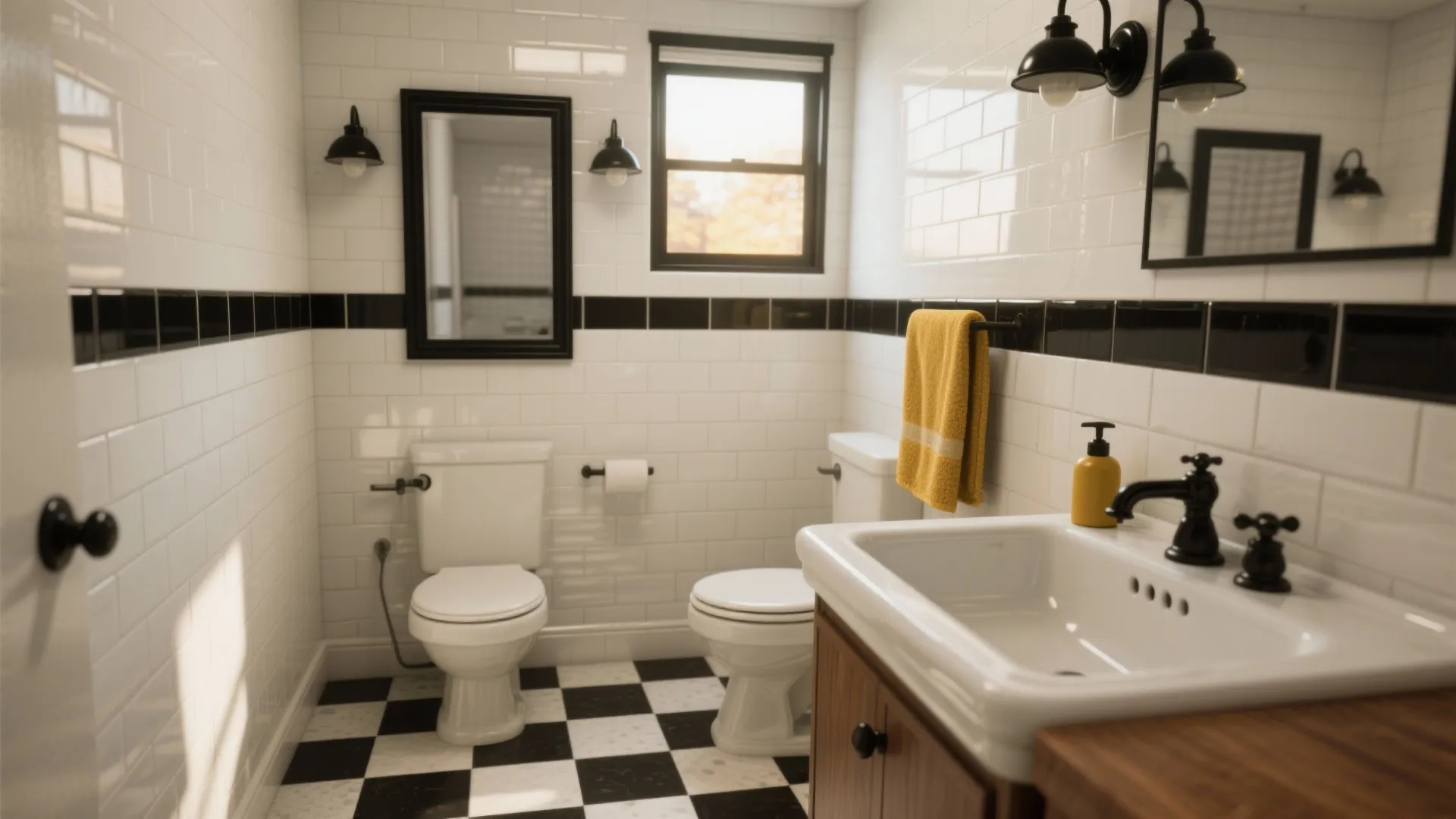 Vintage bathroom interior with white brick walls black and white floor tiles and wooden cabinet