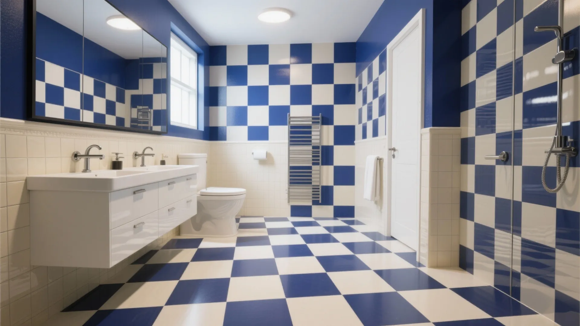 Large bathroom with blue and white checkered floor tiles including double sink cabinet and toilet