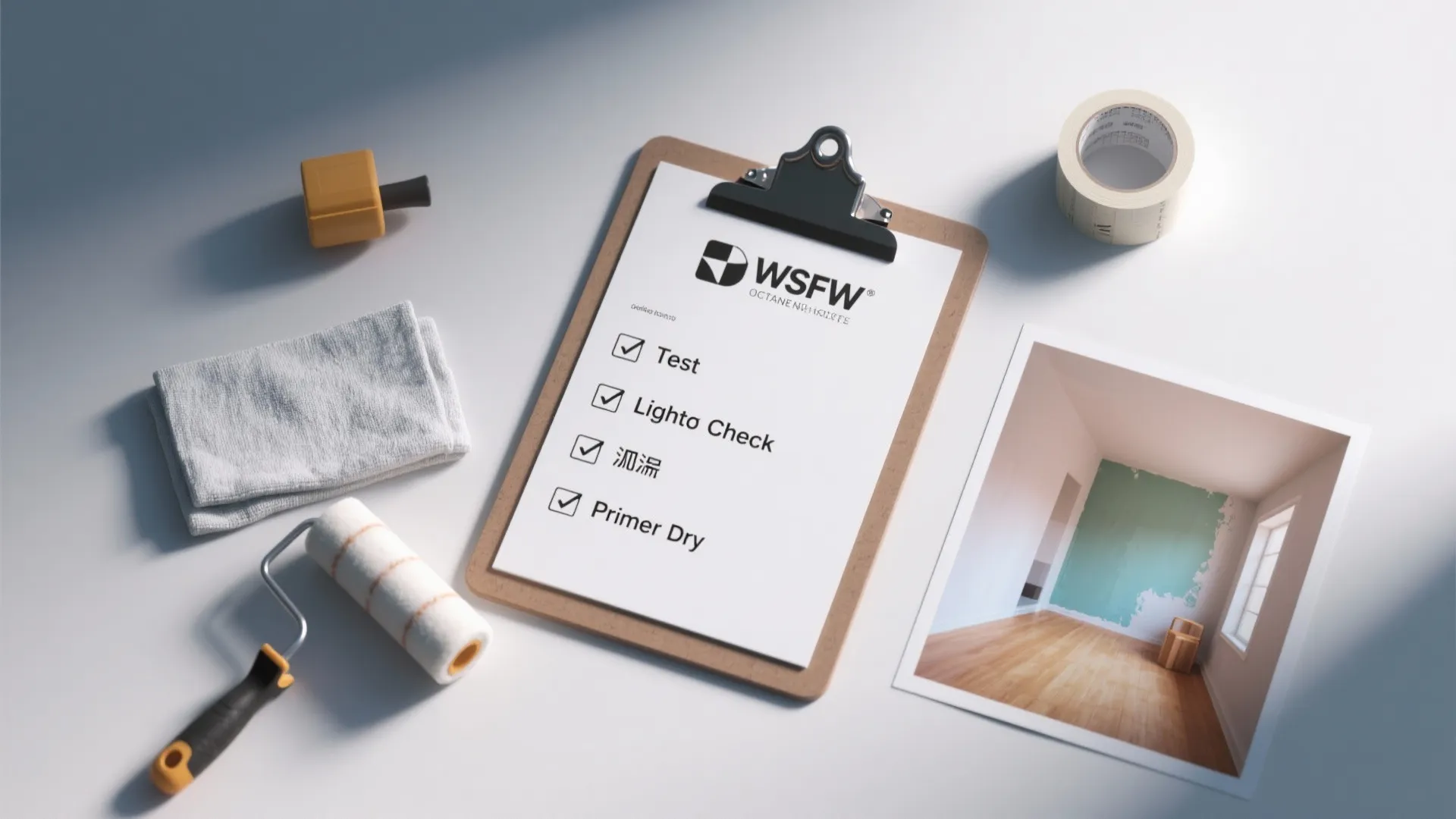 Checklist with painting tips beside a mini-roller and a 3D render printout for previewing color and finish.