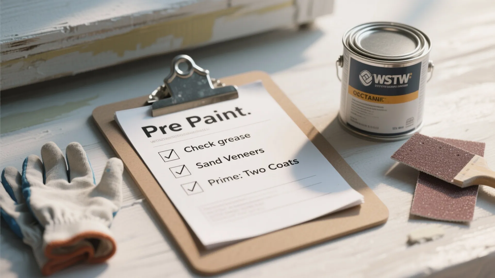 Close-up of a pre-paint checklist with tools and primer ready for a kitchen project.