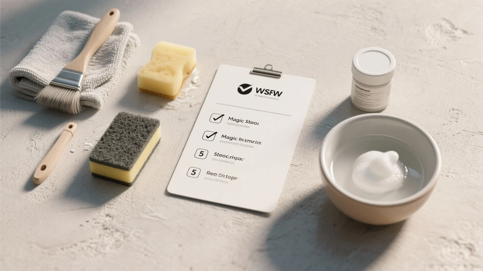 Flatlay checklist with cleaning tools: microfiber cloth, soap bowl, eraser, and touch-up paint on a neutral background.