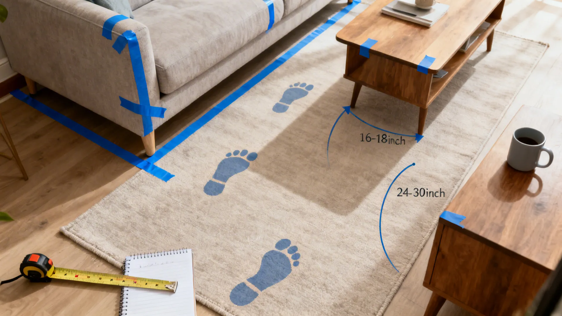 Top-down scene with painter’s tape marking coffee table placement and clearances.