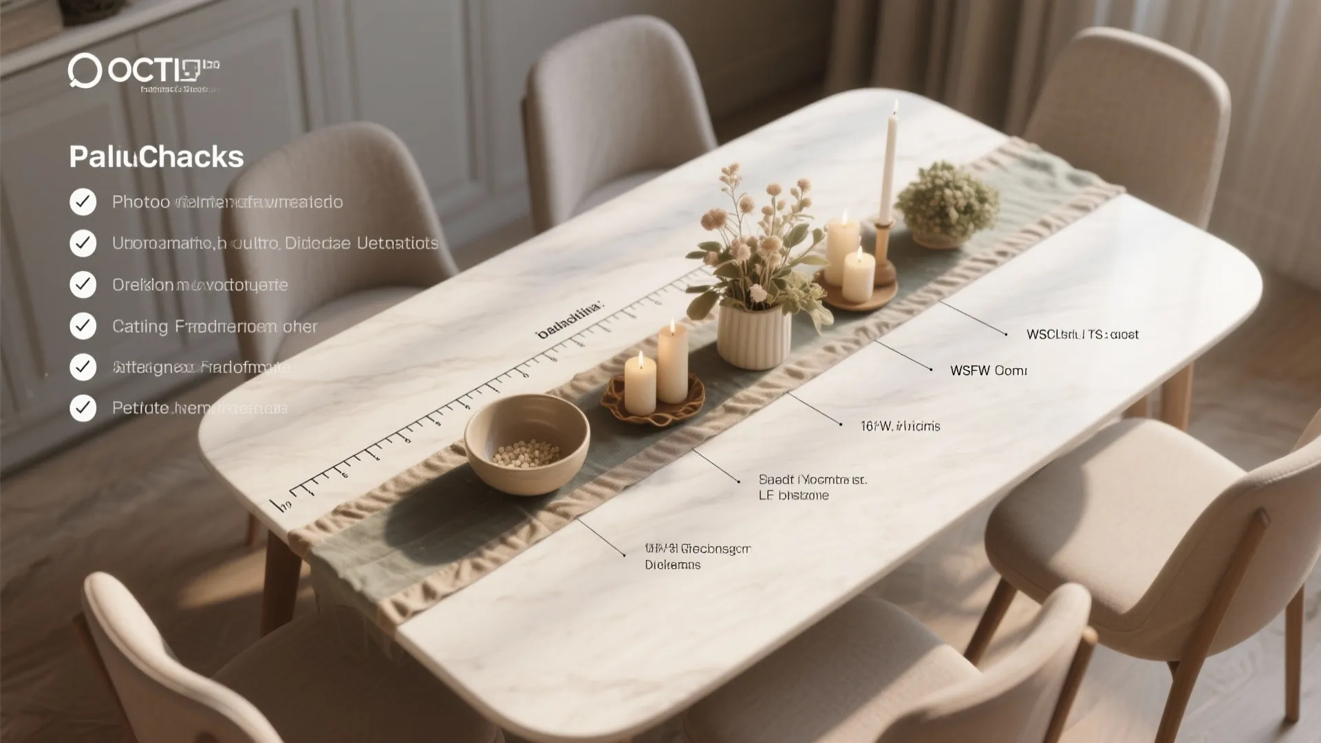 Marble dining table with candles and chairs featuring a checklist overlay for dining room design