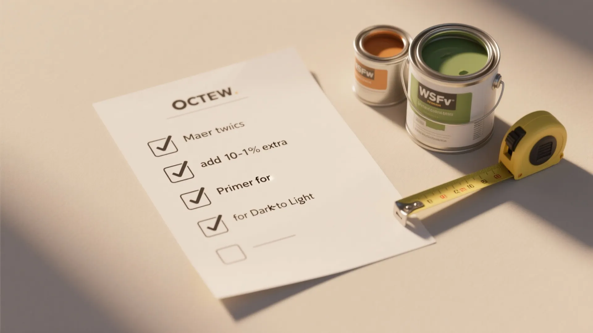 Interior painting checklist with checkmarks next to paint cans a measuring tape and paper list