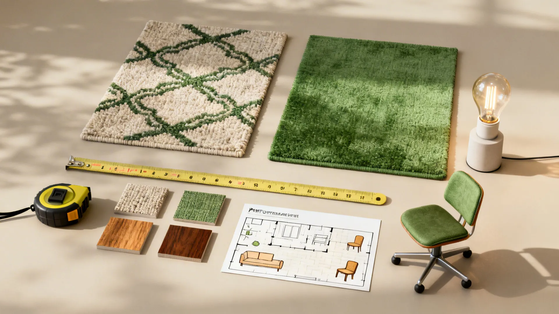 Planning flat-lay with rugs, fabric swatches, tape measure, bulb, and a miniature floor plan.