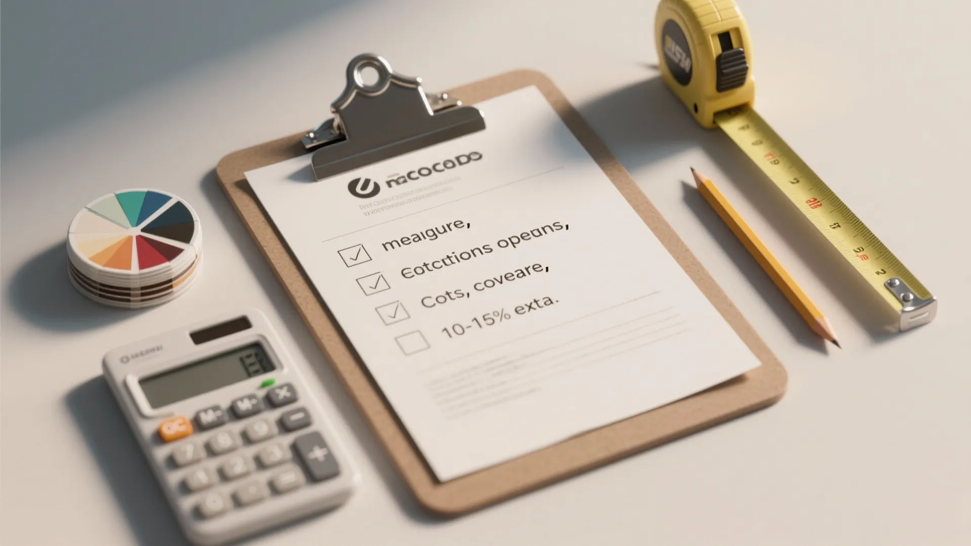 Clipboard checklist with measuring tools, calculator and color swatches for quick paint estimating steps.