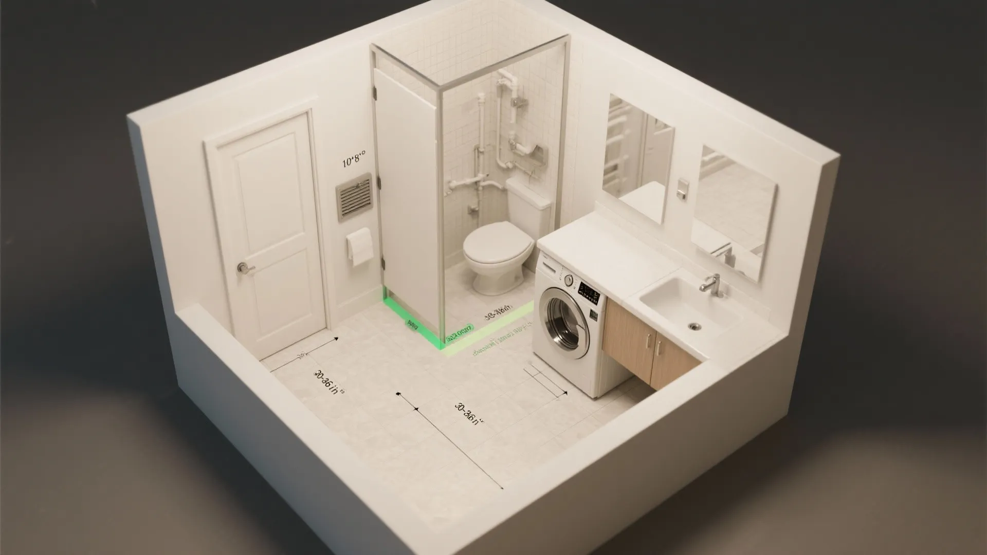 Top down interior design drawing of small bathroom with dimensions for toilet sink and washing machine