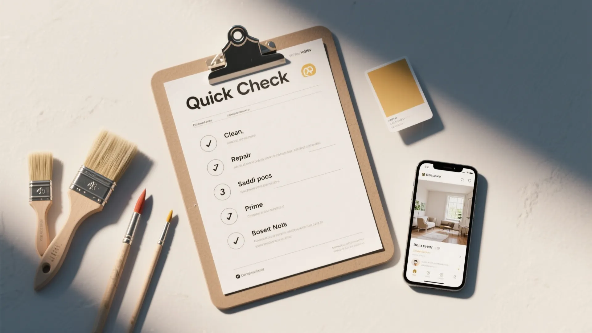 Top-down checklist for painting prep with budget tips, brushes, paint sample and a smartphone showing design ideas.