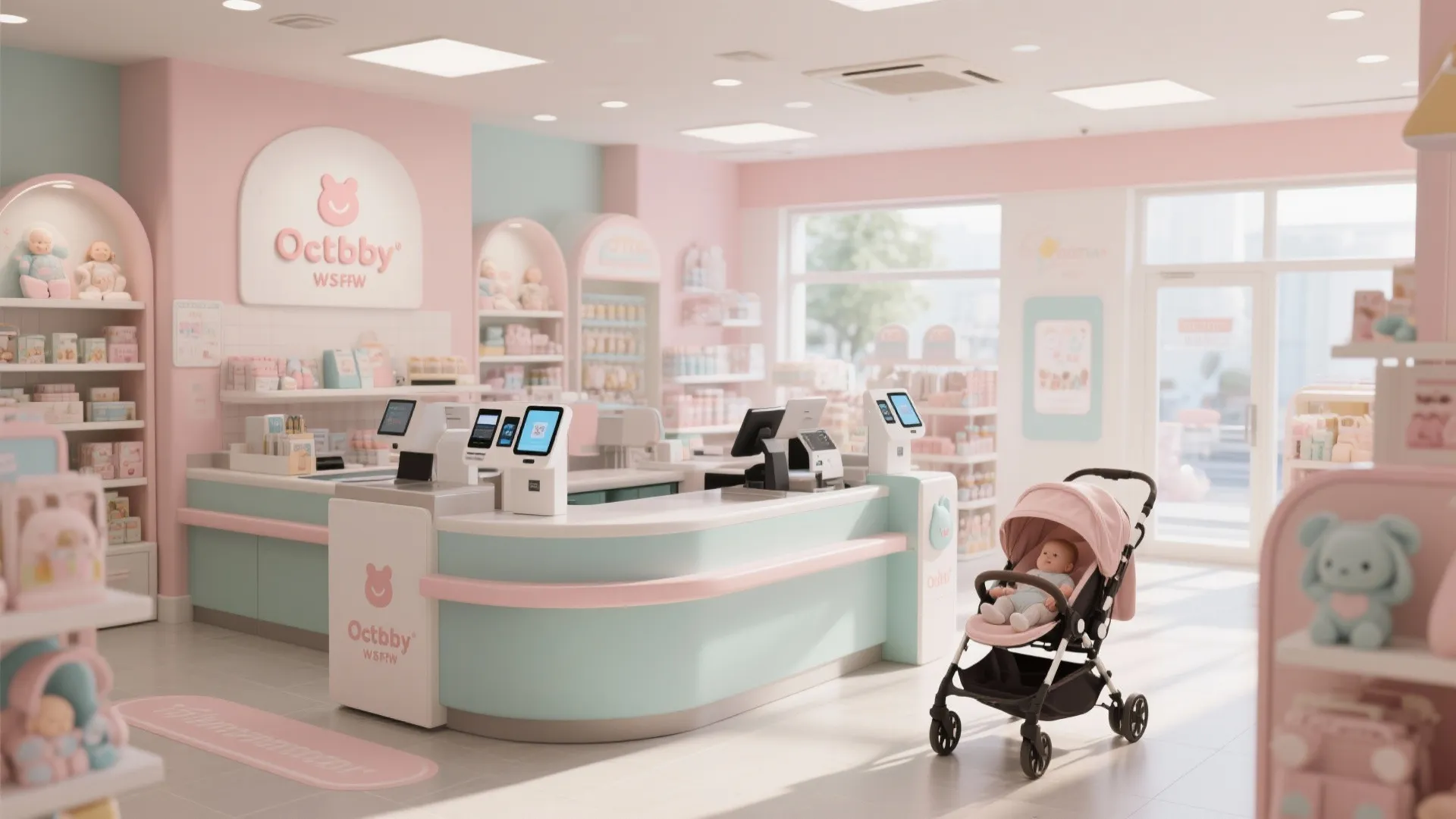 Modern baby store checkout counter with digital screens pink walls shelves and a pink stroller
