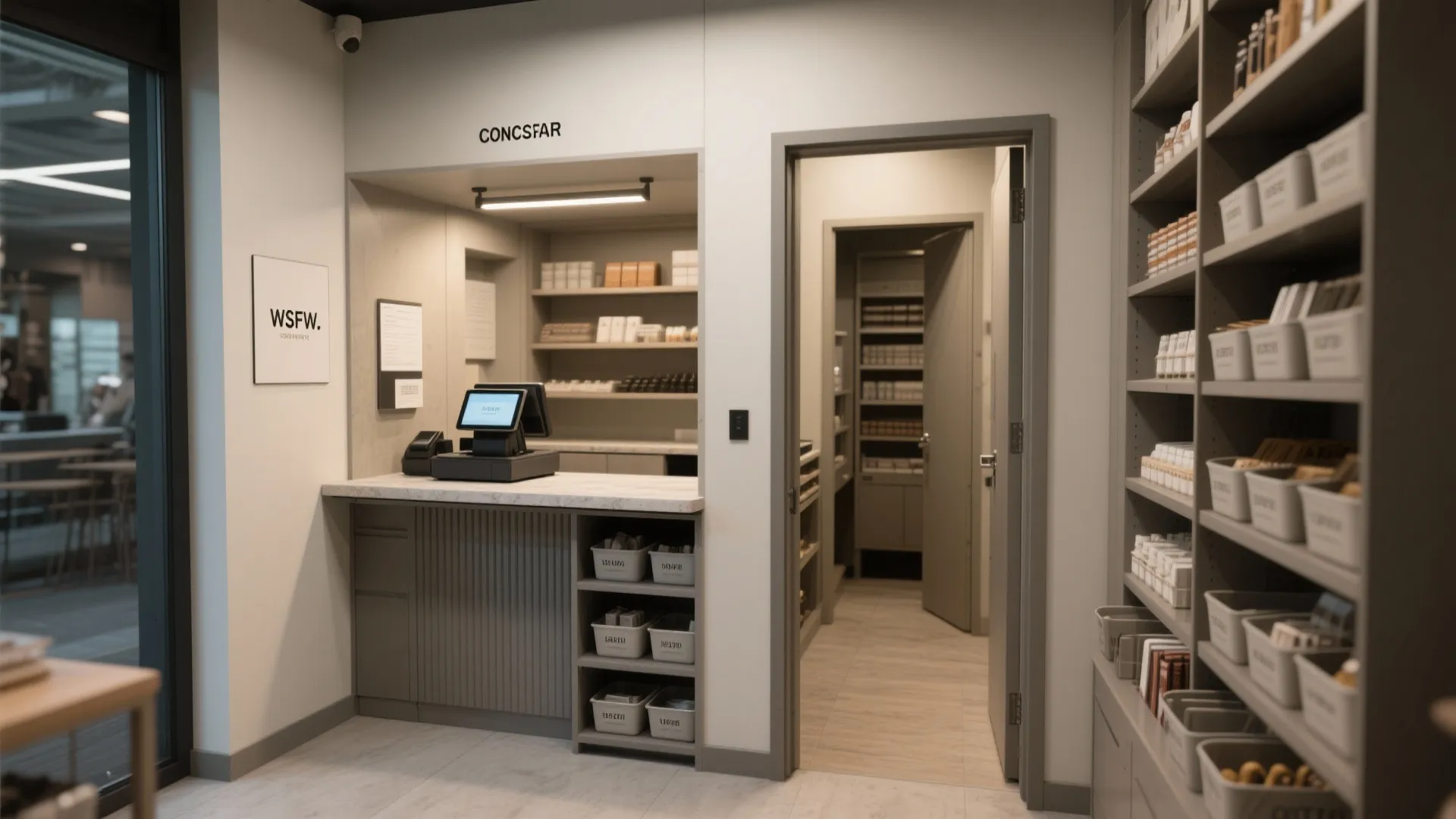 Compact checkout area doubling as concierge desk with an efficient tiny backroom and labeled storage.