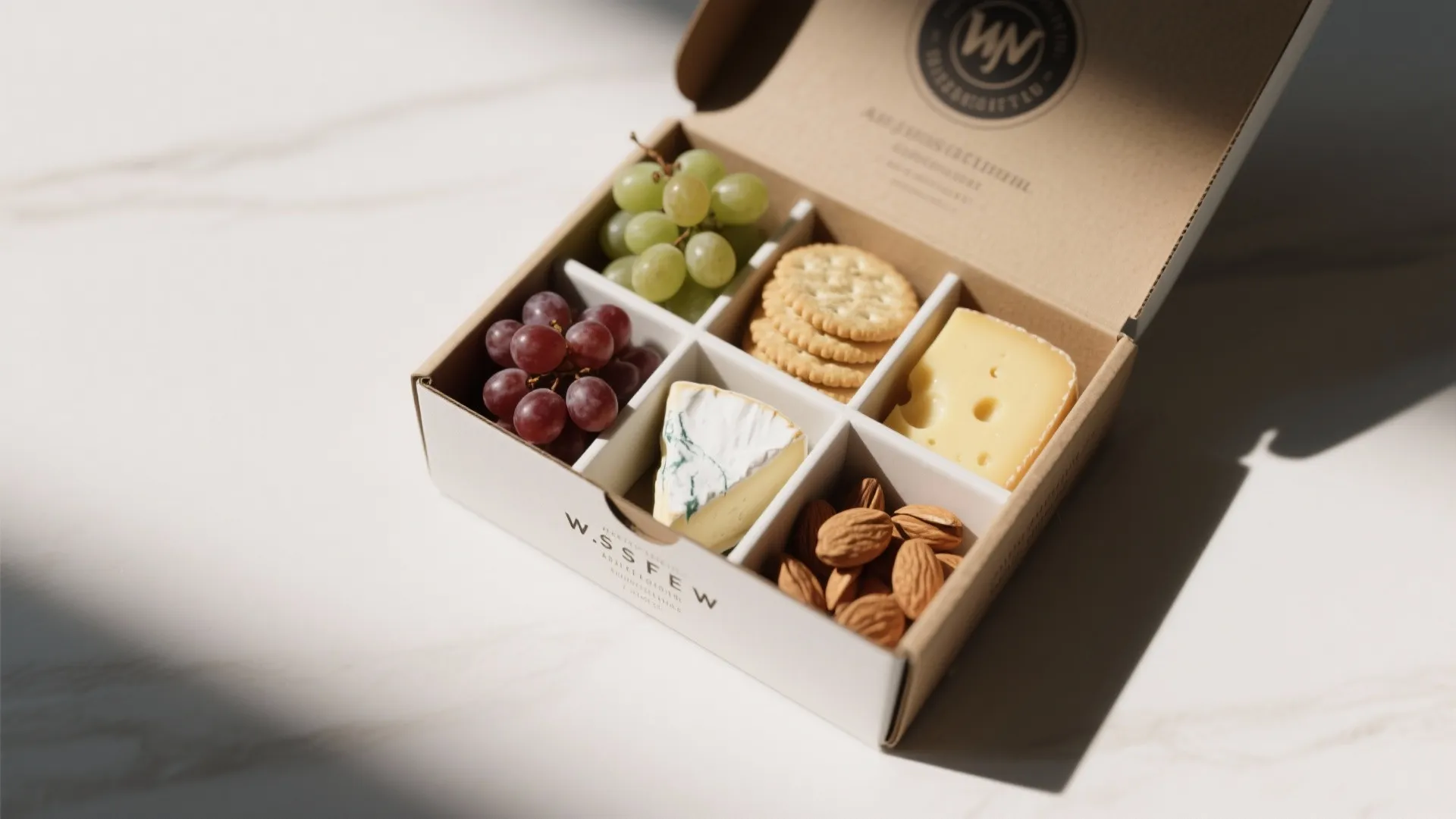 Cardboard snack box containing green grapes red grapes crackers cheese slices and many small almonds