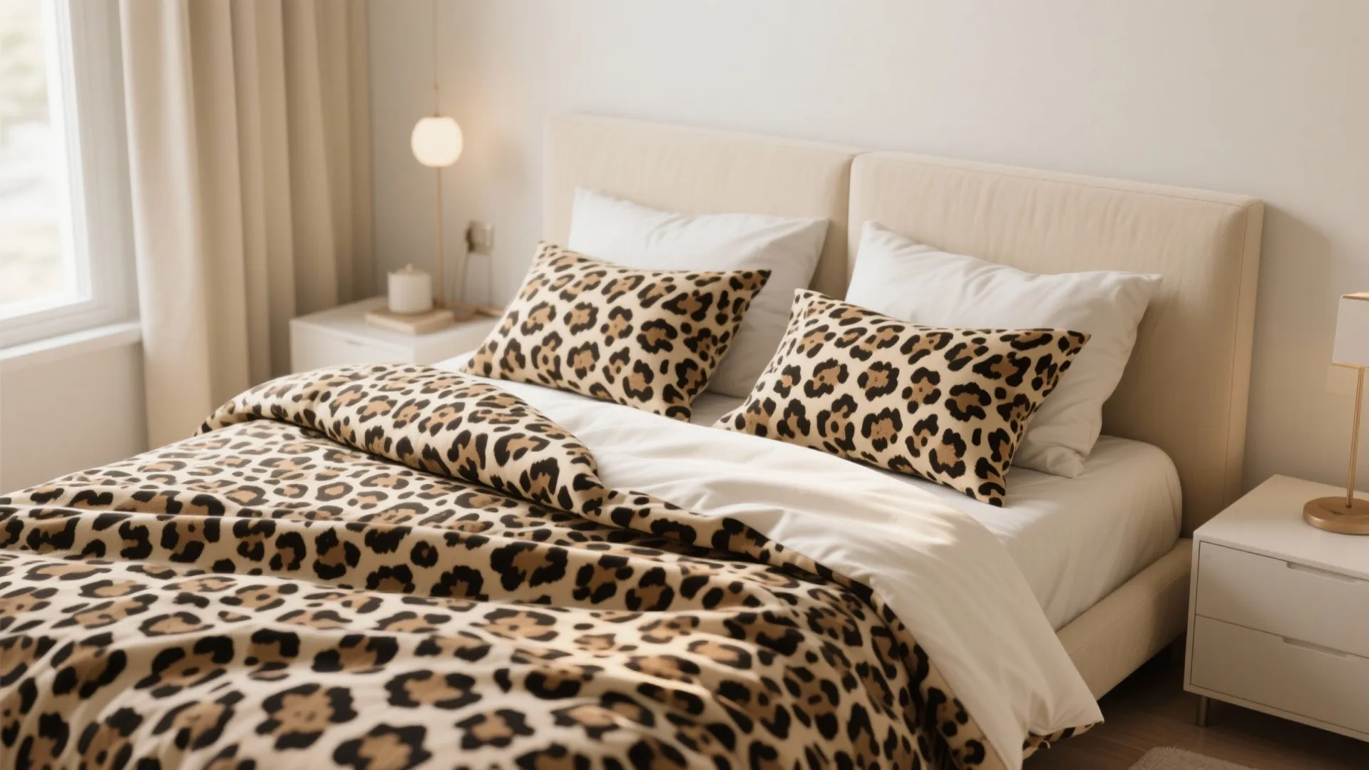 Bright bedroom displaying leopard print bedding and pillows on a white bed with side tables
