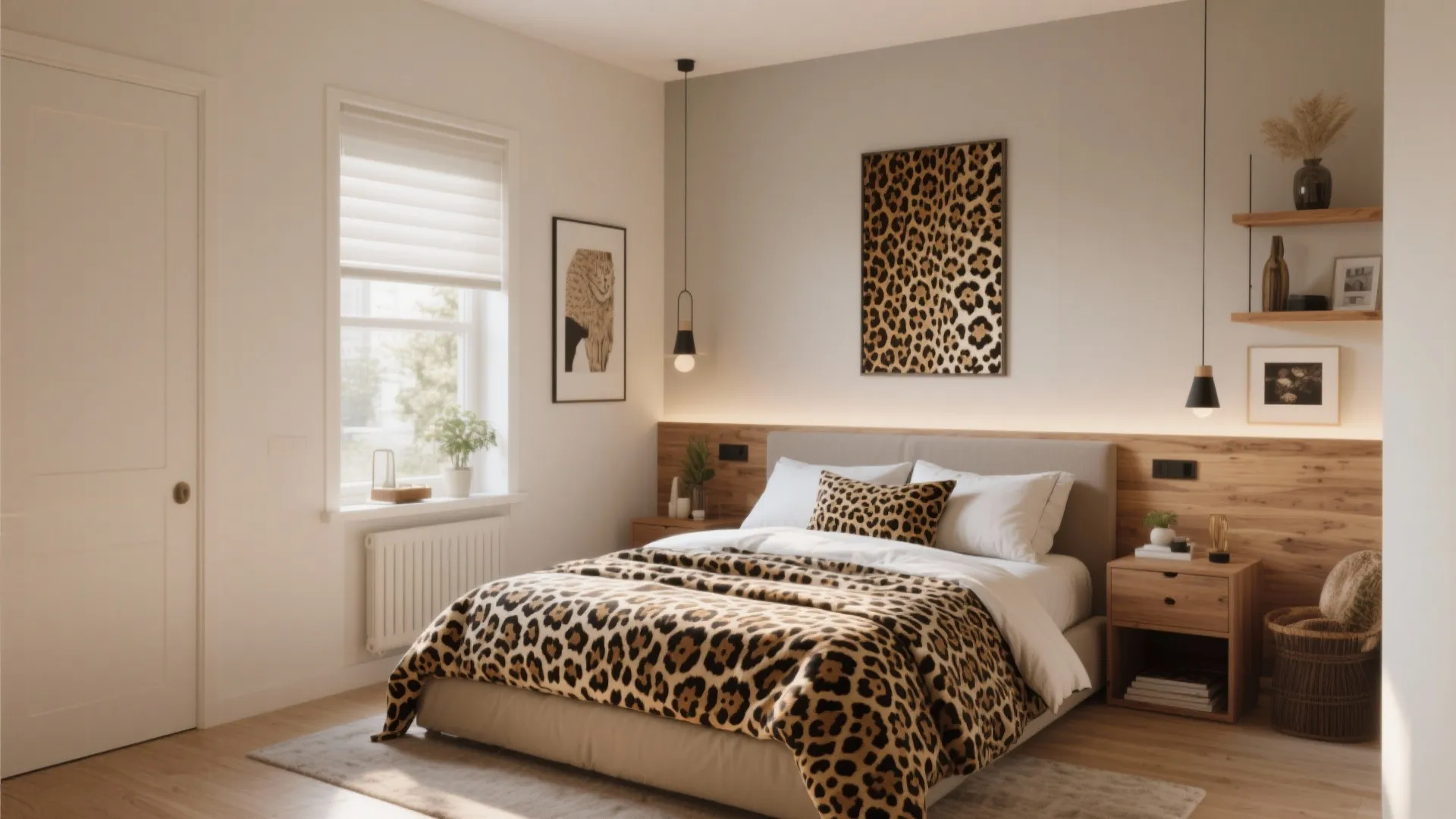 Modern bedroom featuring leopard print bedding wall art wooden nightstands and hanging black light fixtures
