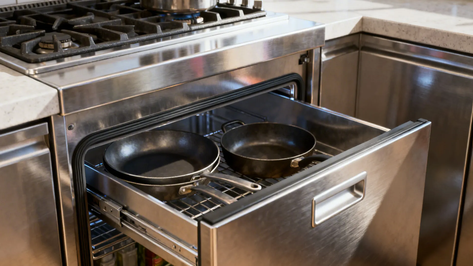 Macro of a refrigerated chef base drawer under a stainless cooktop with organized pans.