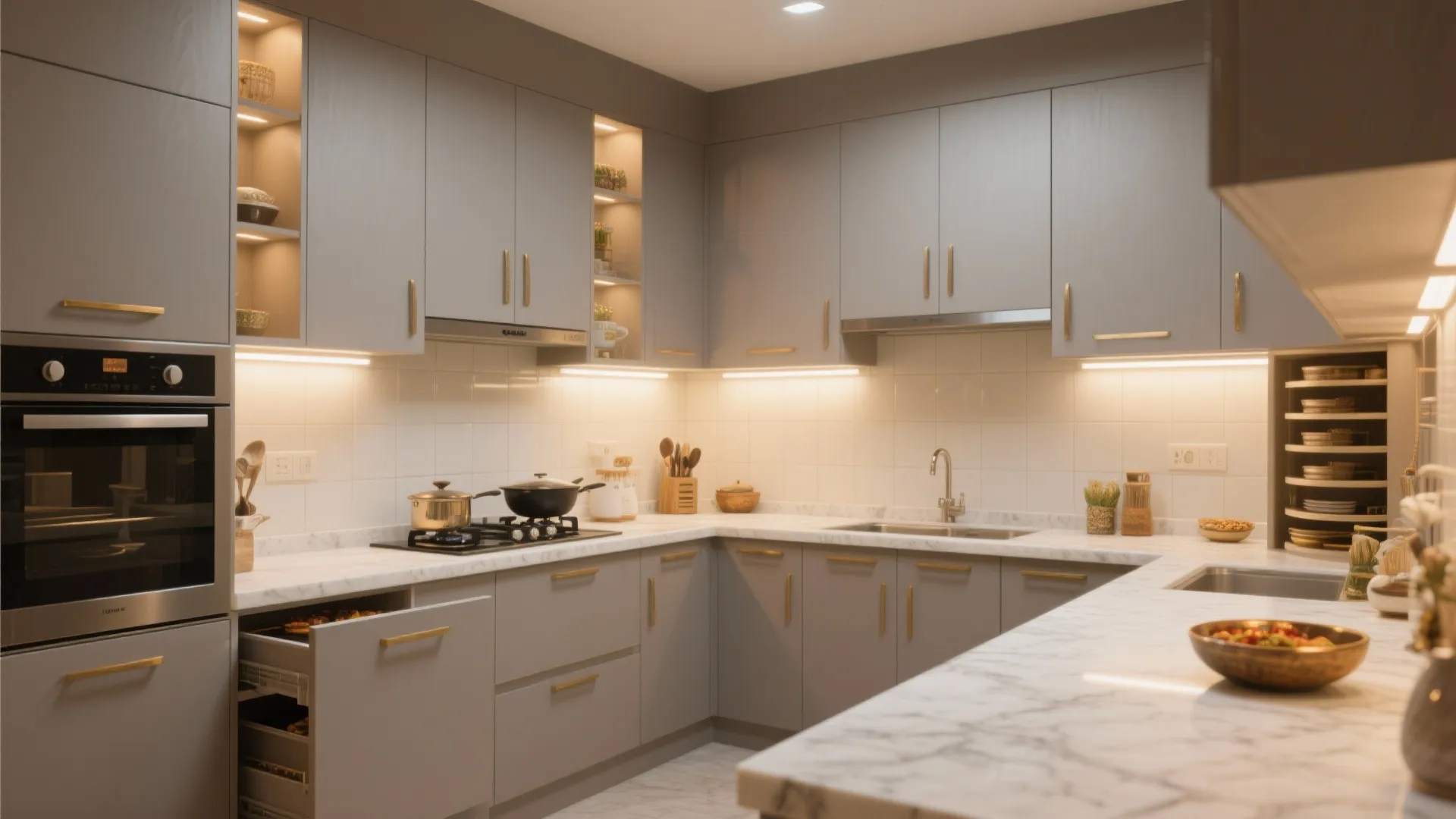 Modern grey kitchen with marble countertop gold handles oven stove sink and warm under cabinet lighting