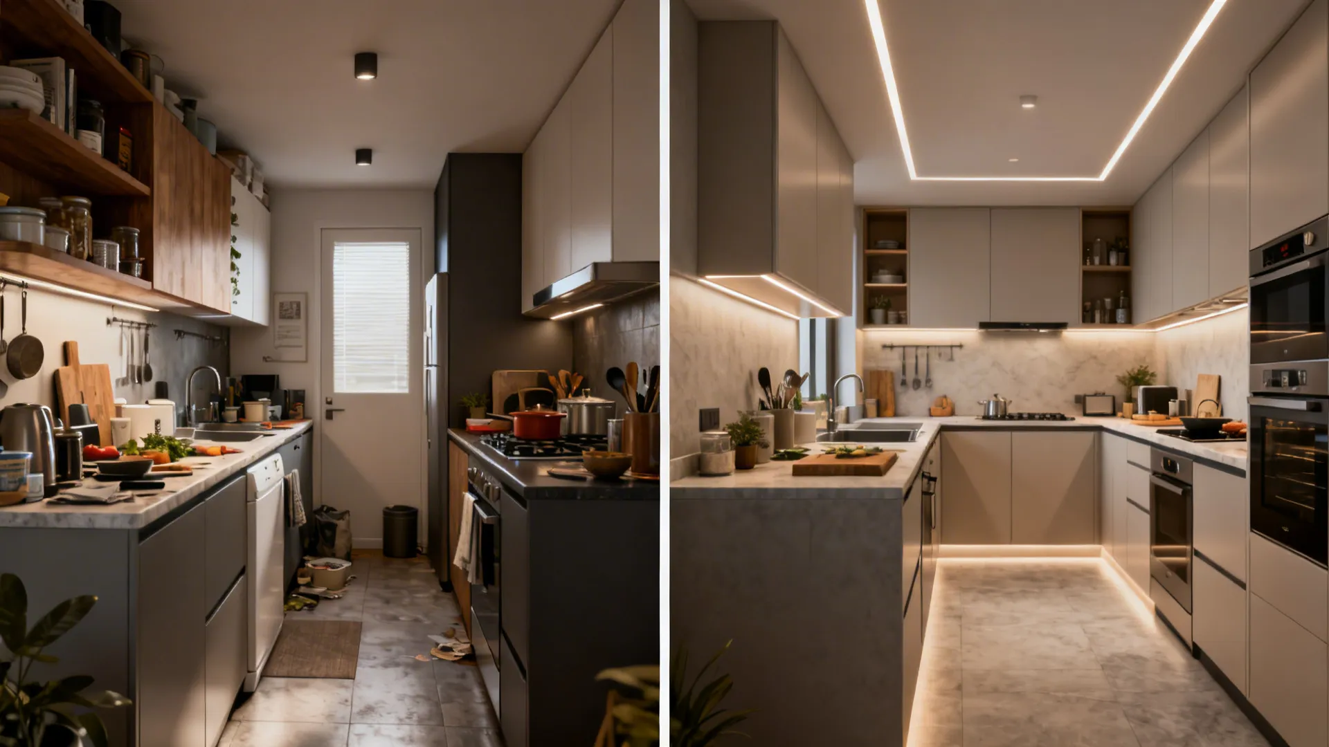 Split view of a small kitchen before and after a chef-focused layout redesign.